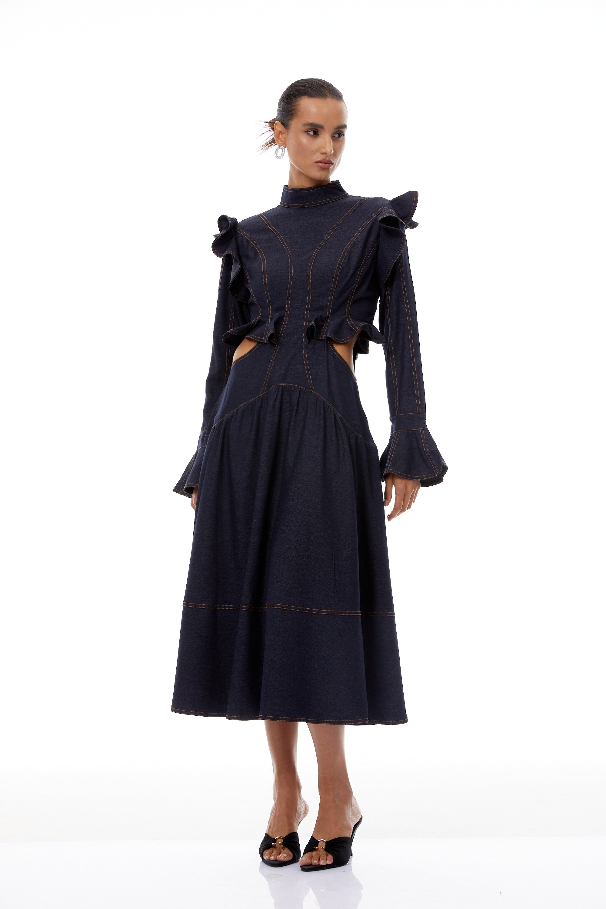 Wilhelmine Indigo Blue Ruffled Denim Midi Dress