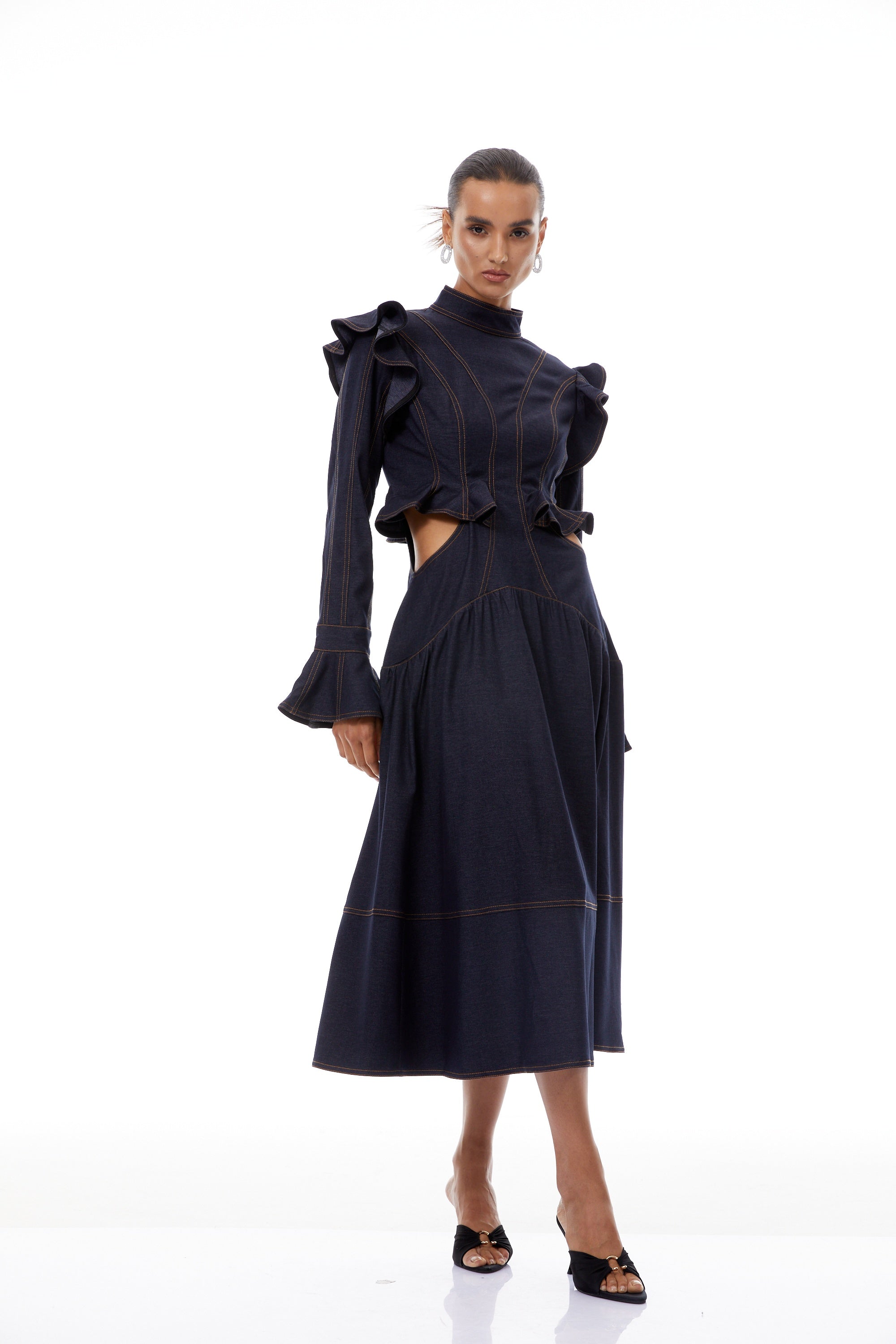 Wilhelmine Indigo Blue Ruffled Denim Midi Dress