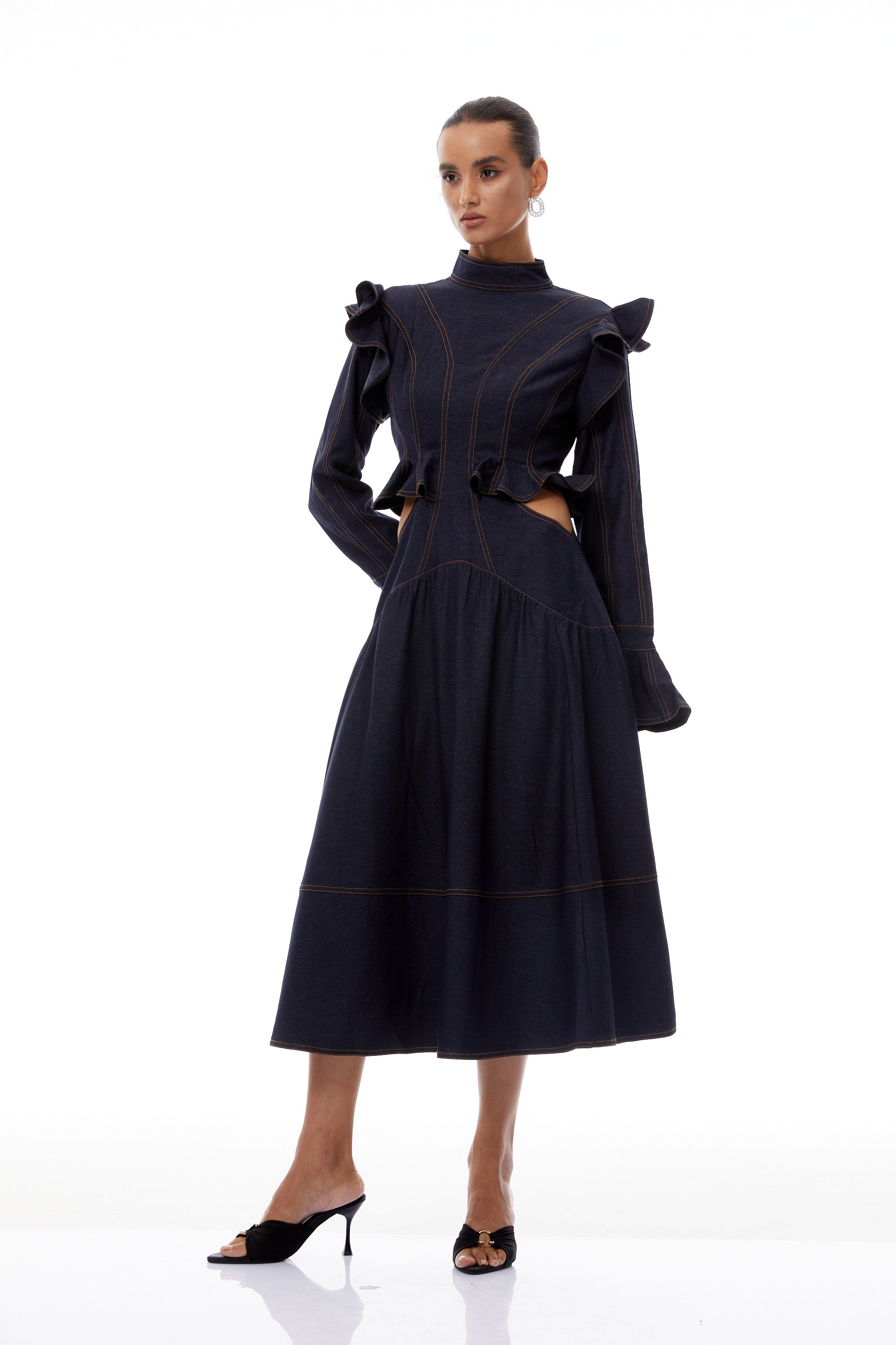 Wilhelmine Indigo Blue Ruffled Denim Midi Dress