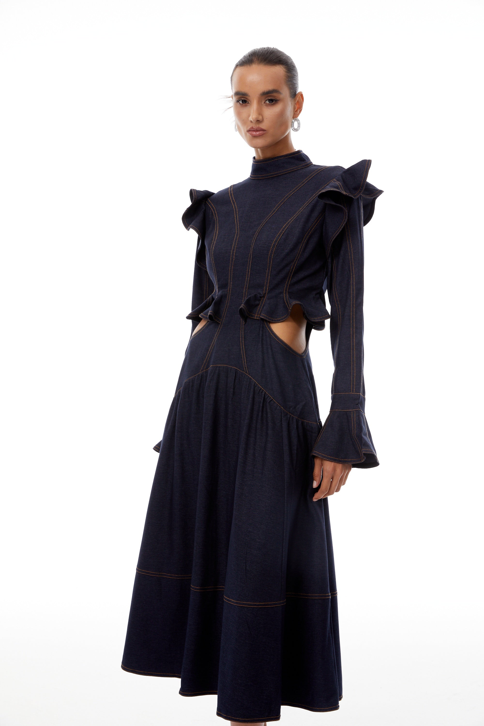 Wilhelmine Indigo Blue Ruffled Denim Midi Dress