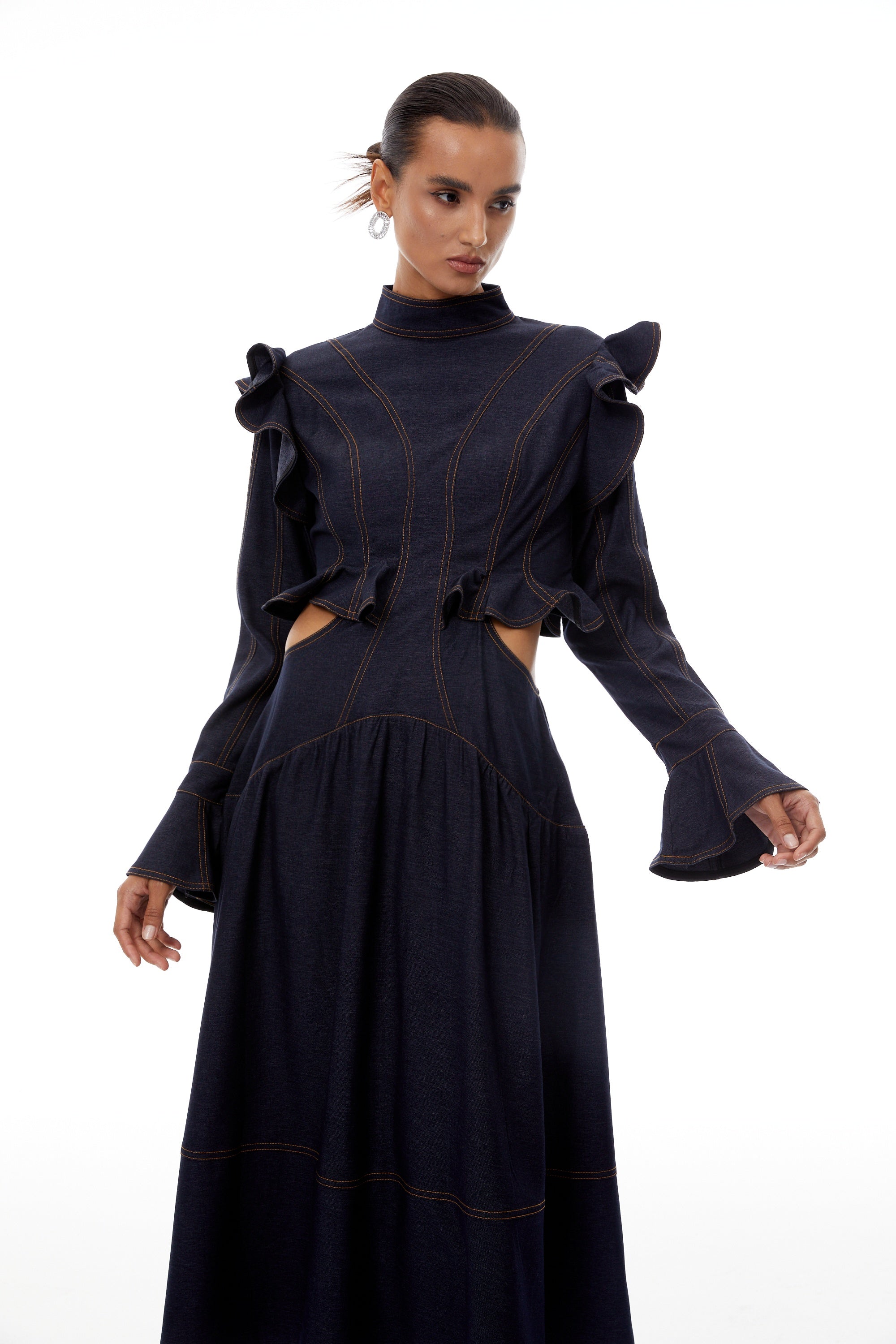 Wilhelmine Indigo Blue Ruffled Denim Midi Dress