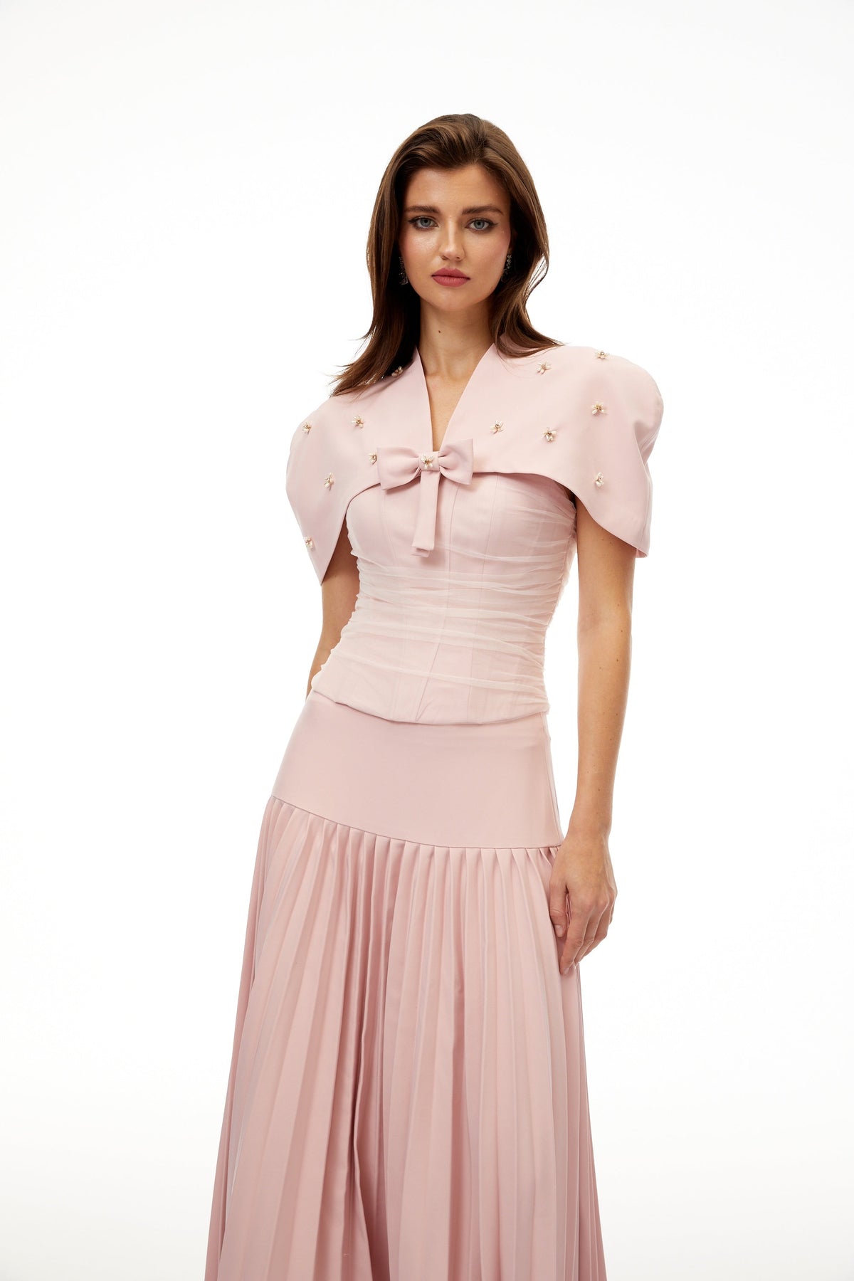 priscille pink shawl & corset top & pleated skirt set