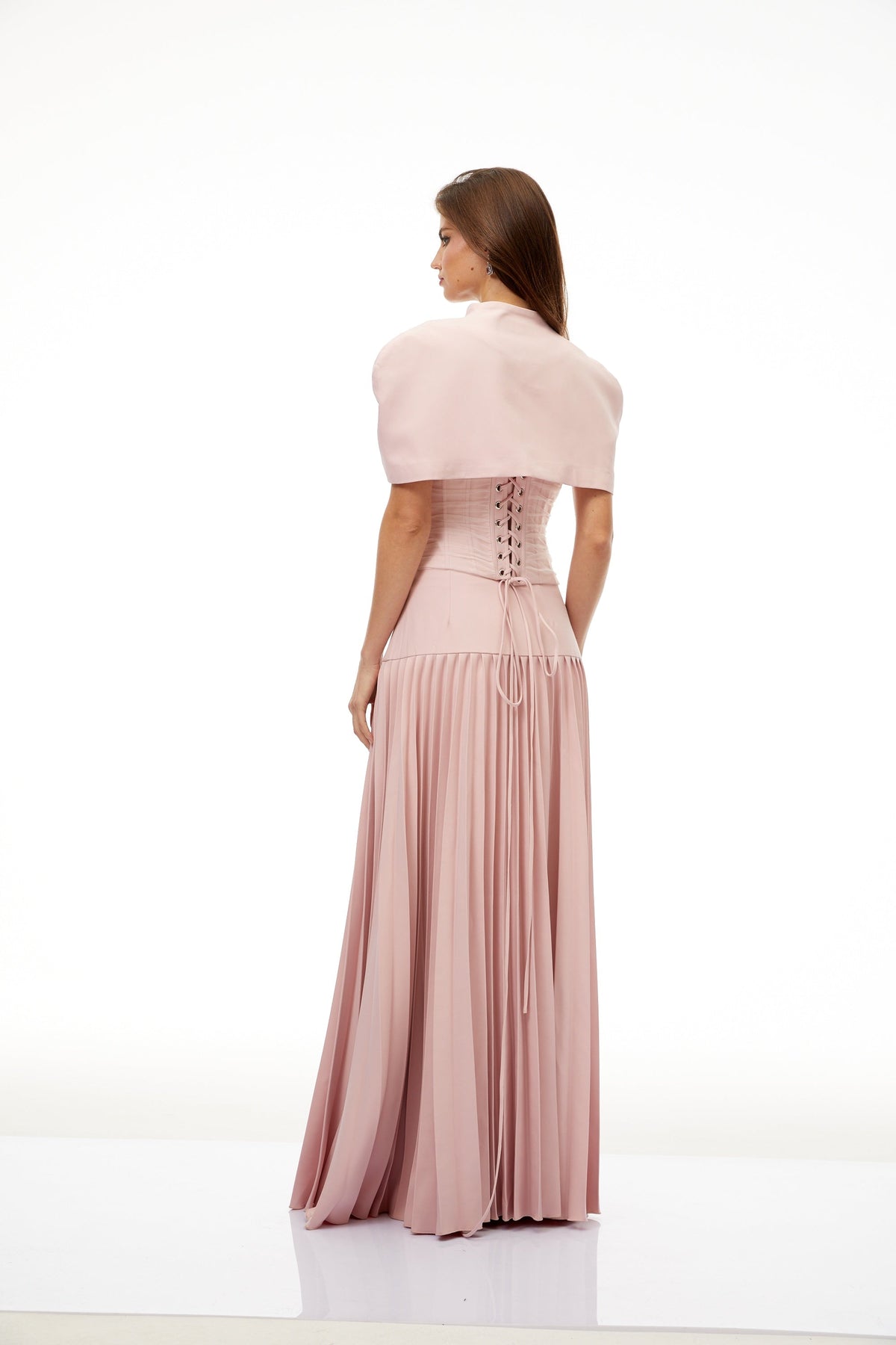 priscille pink shawl & corset top & pleated skirt set