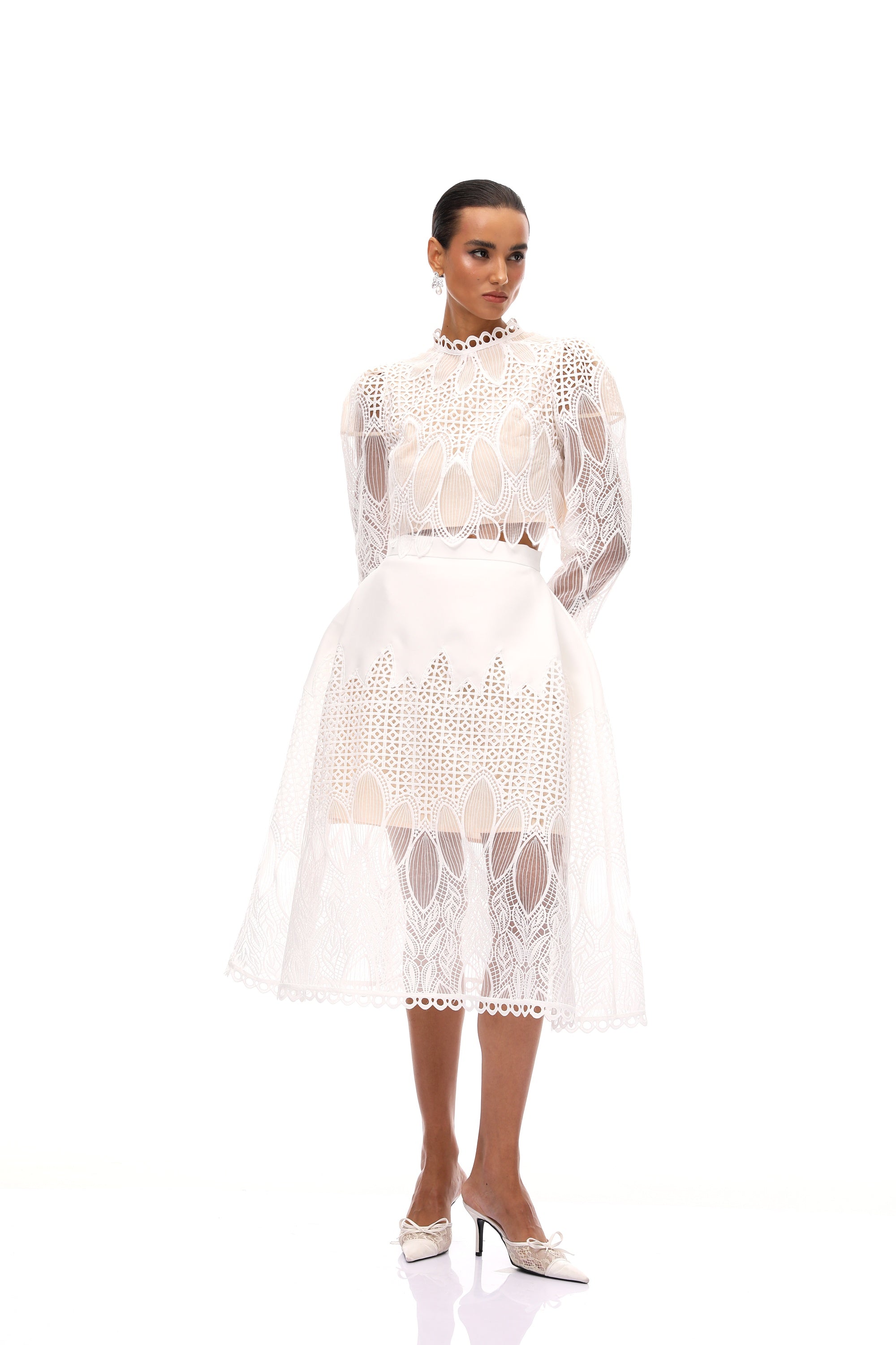 Anett White Corded Lace Blouse & Skirt Set