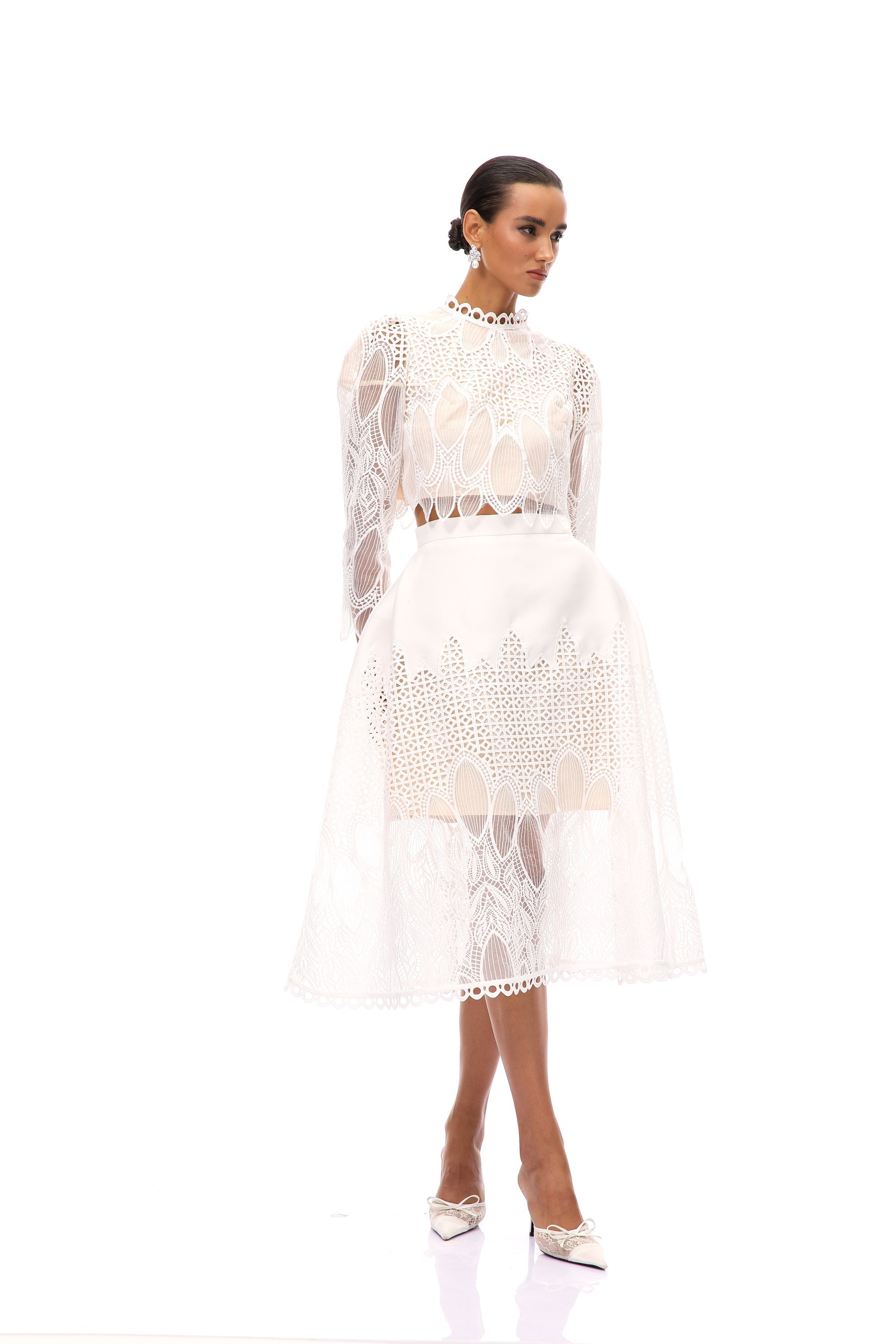 Anett White Corded Lace Blouse & Skirt Set