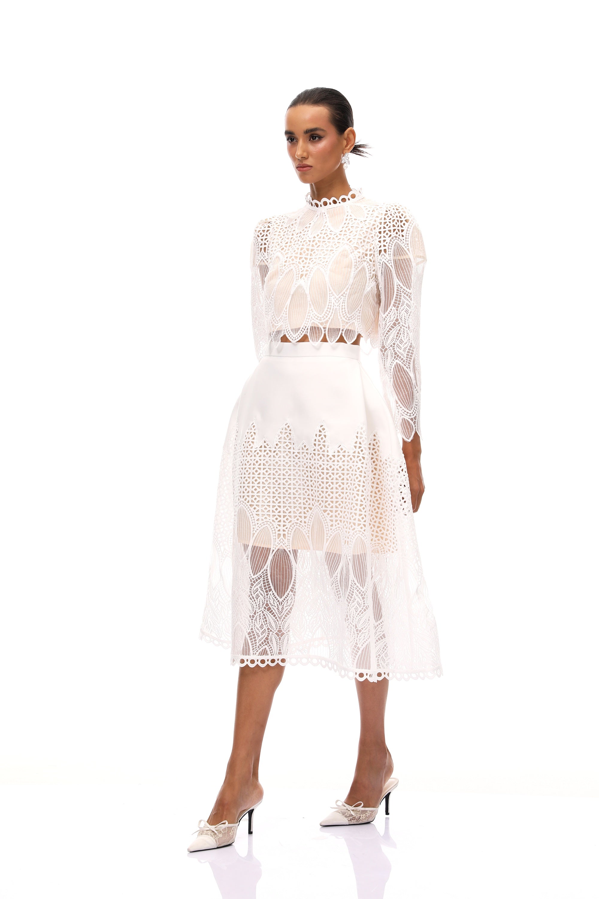 Anett White Corded Lace Blouse & Skirt Set