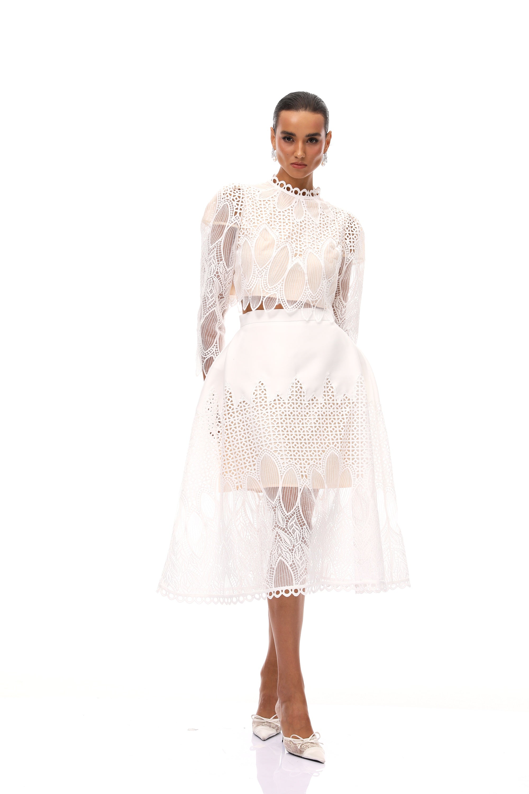 Anett White Corded Lace Blouse & Skirt Set