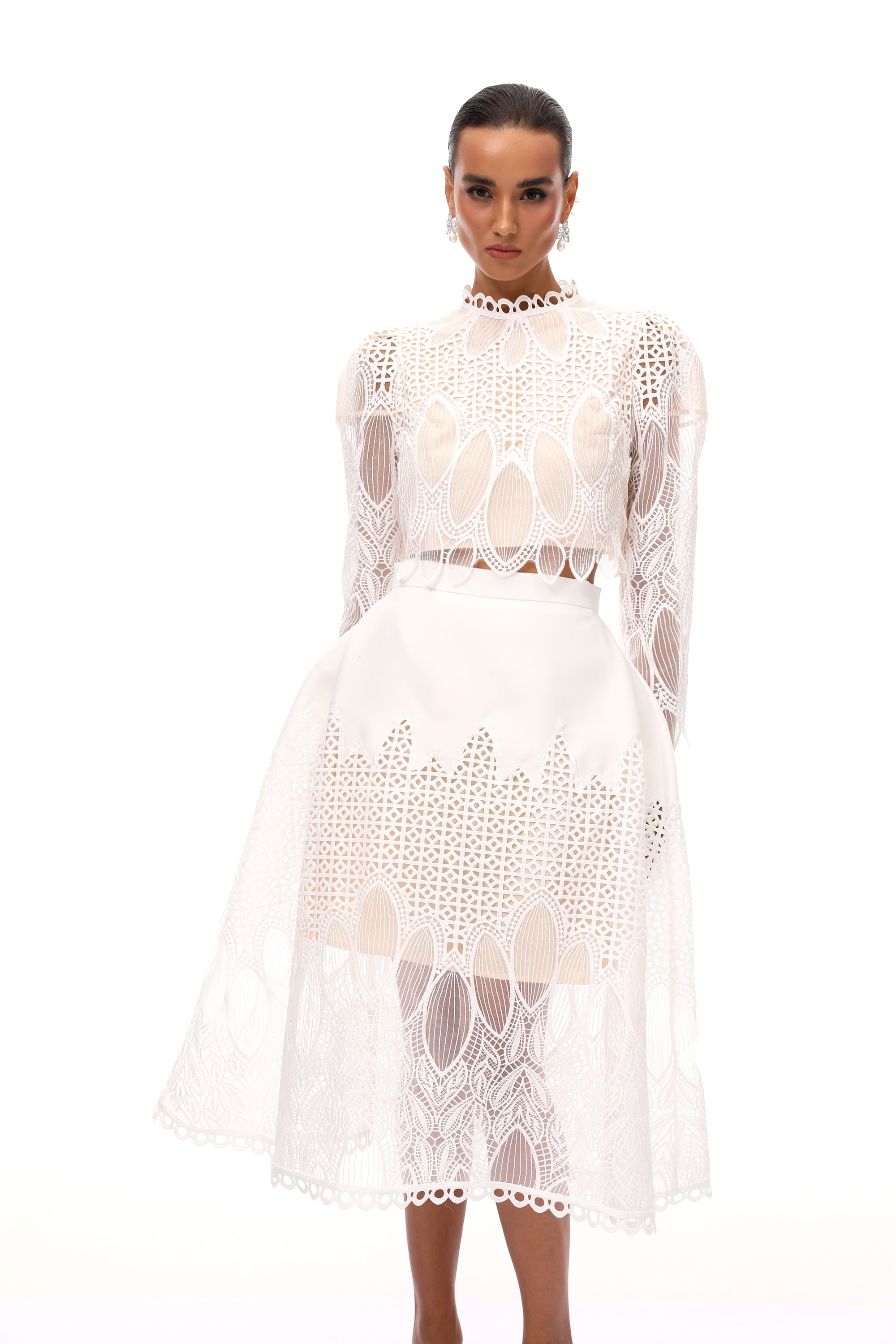 Anett White Corded Lace Blouse & Skirt Set
