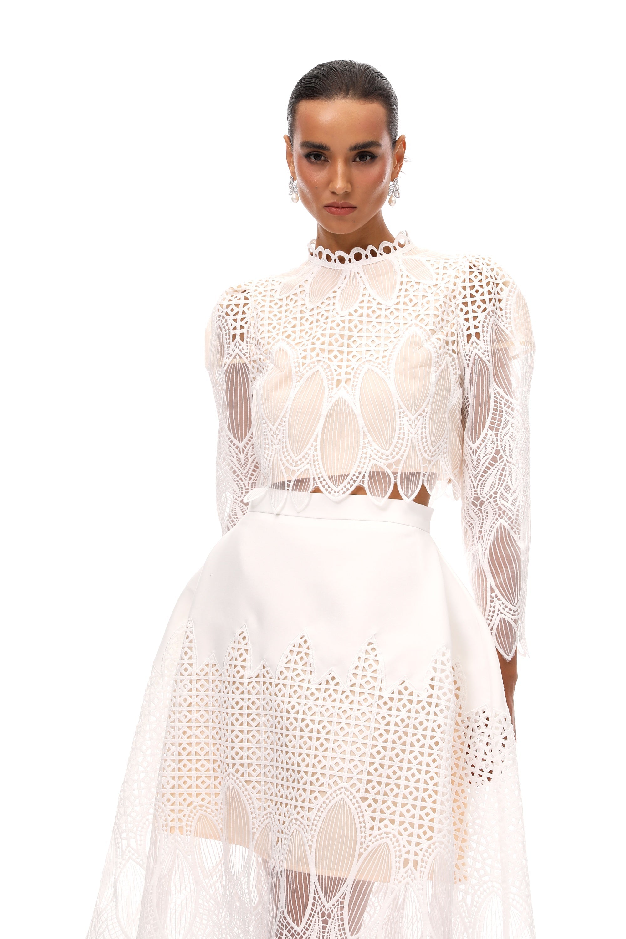 Anett White Corded Lace Blouse & Skirt Set