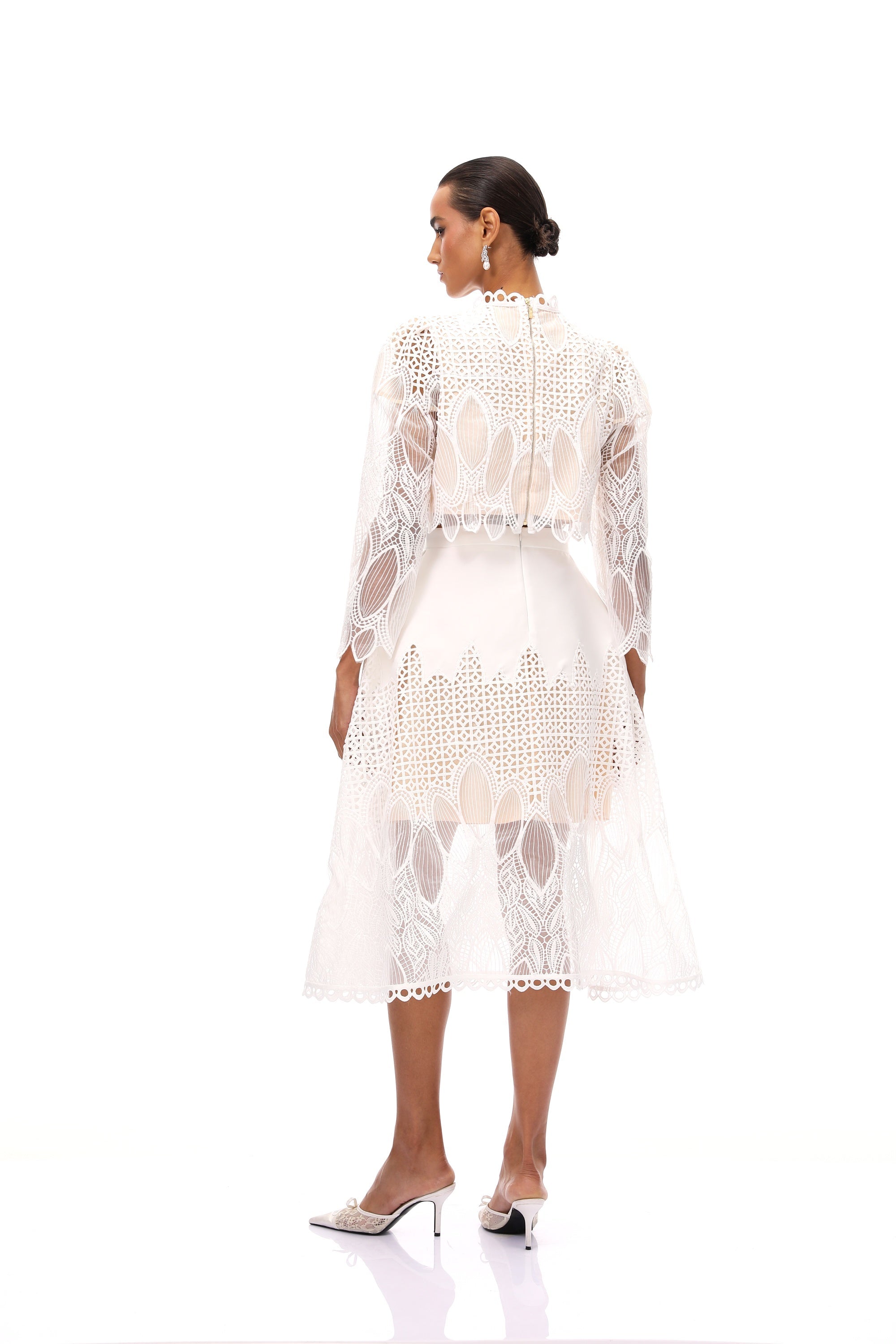 Anett White Corded Lace Blouse & Skirt Set