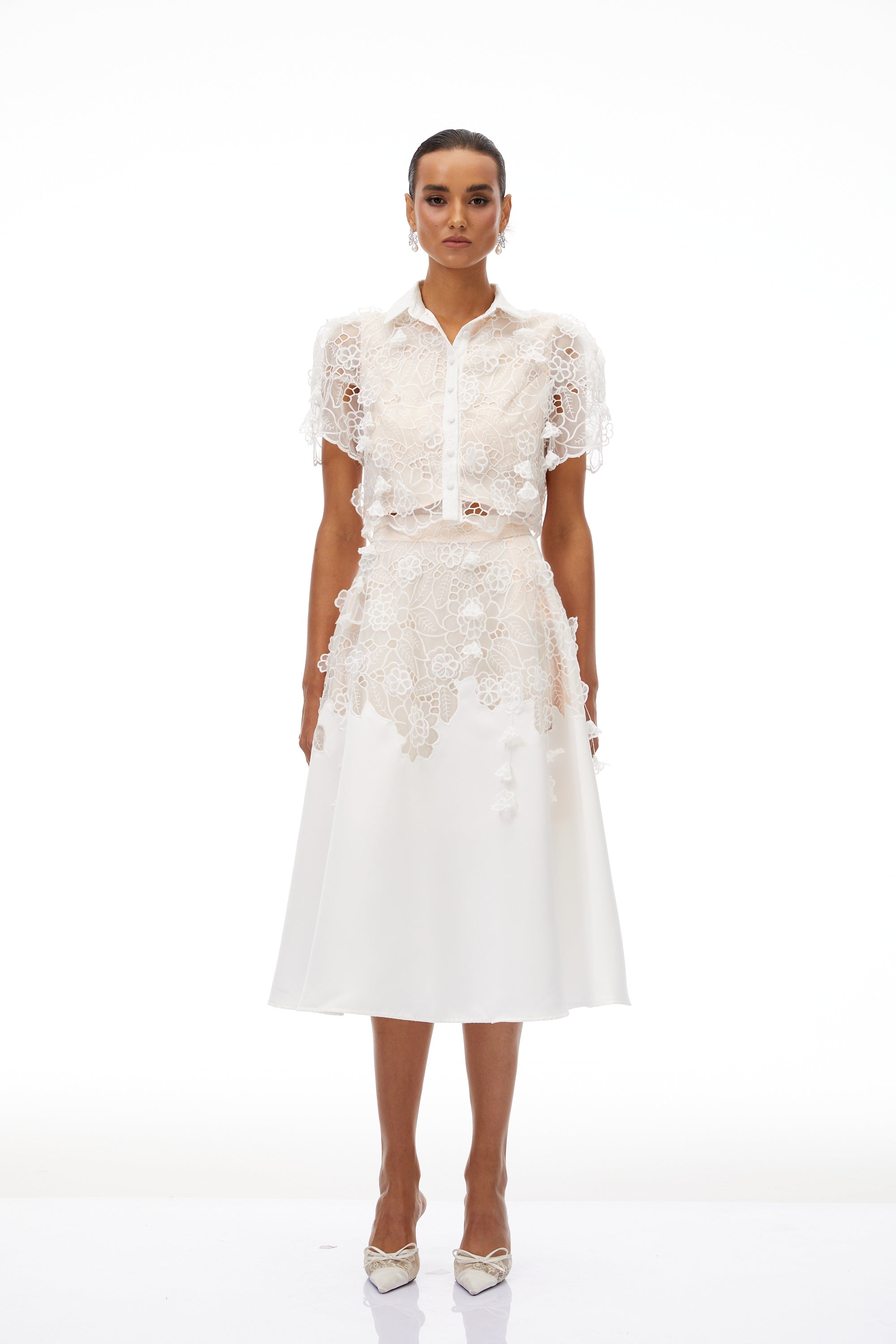 Annamária White Corded Lace Top & Skirt Set