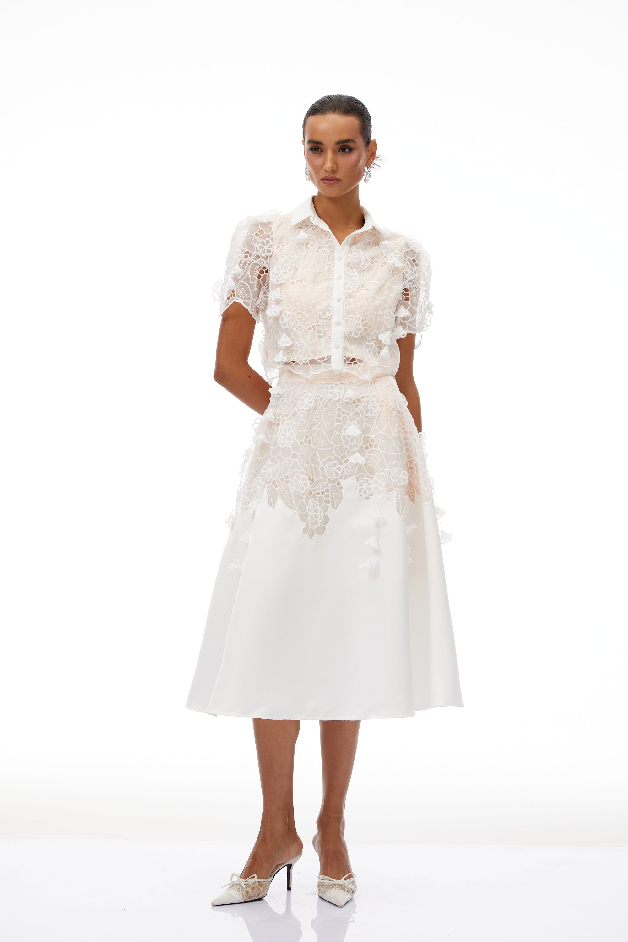 Annamária White Corded Lace Top & Skirt Set