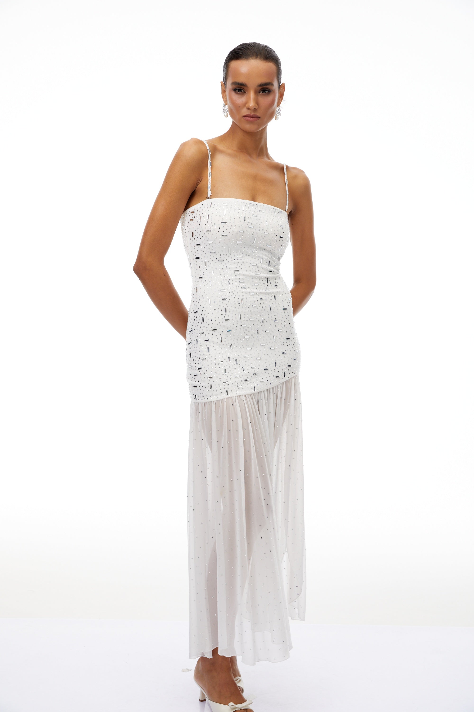 Apollonia White Rhinestone Asymmetrical Maxi Dress