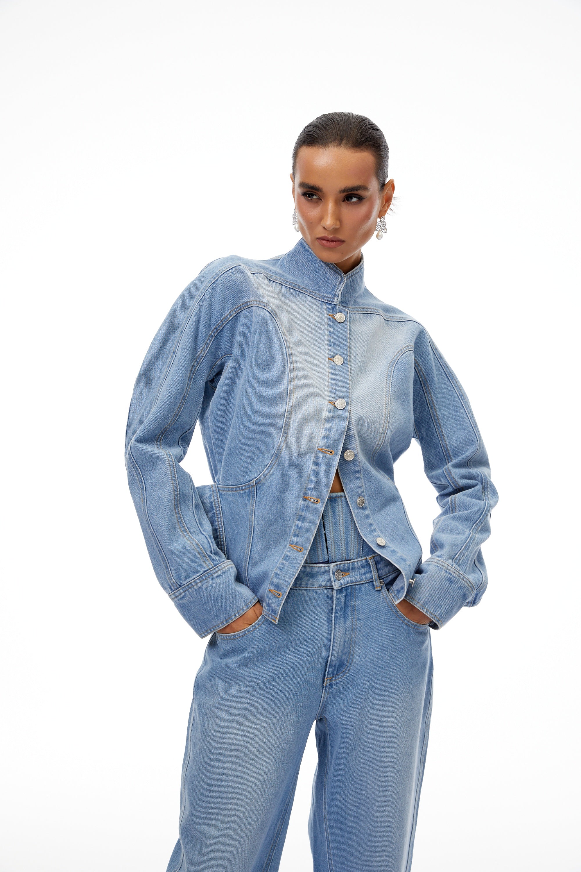 Amandine Light Blue Barrel Waist Denim Jacket