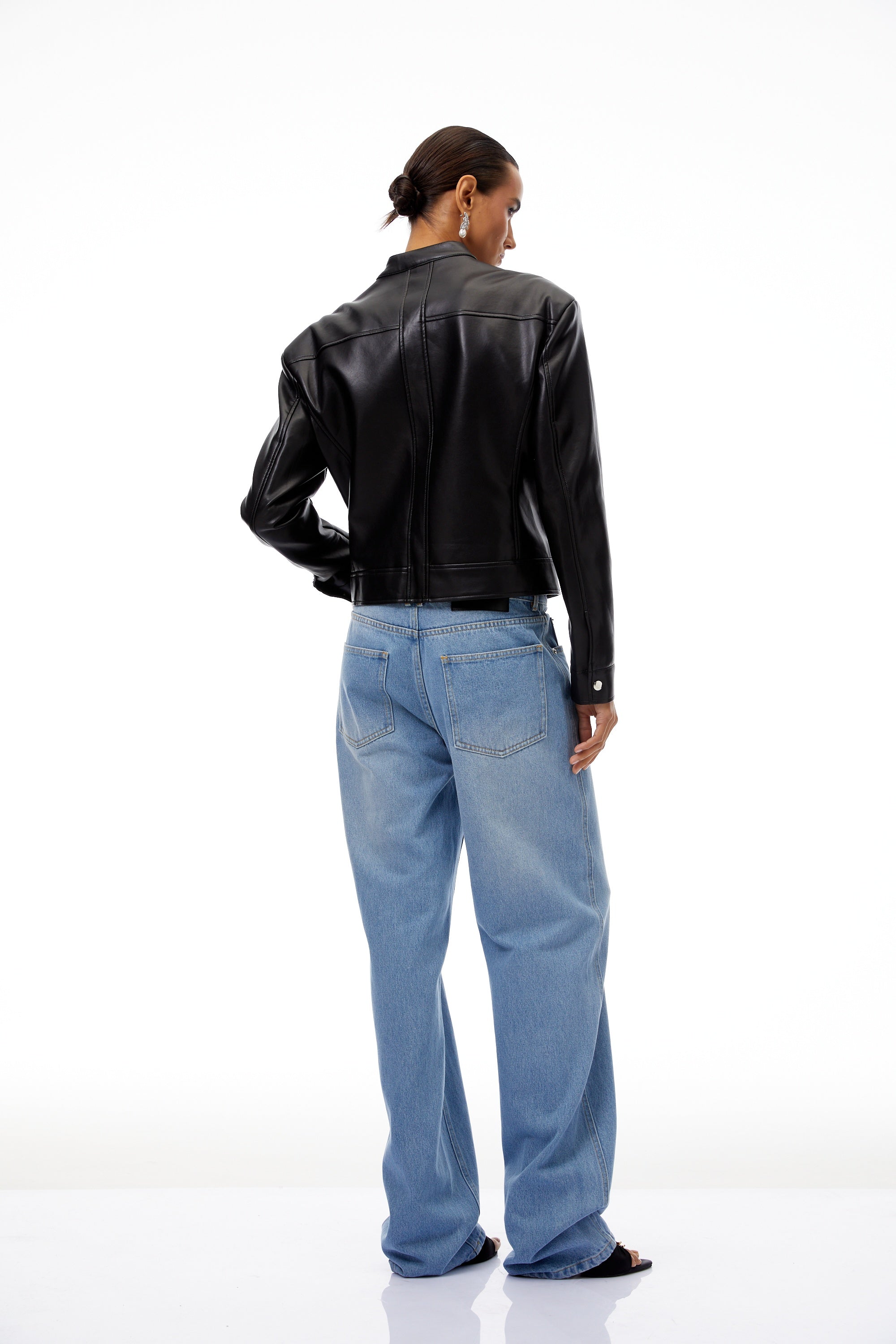 Quitterie Black Pleated Leather Biker Jacket