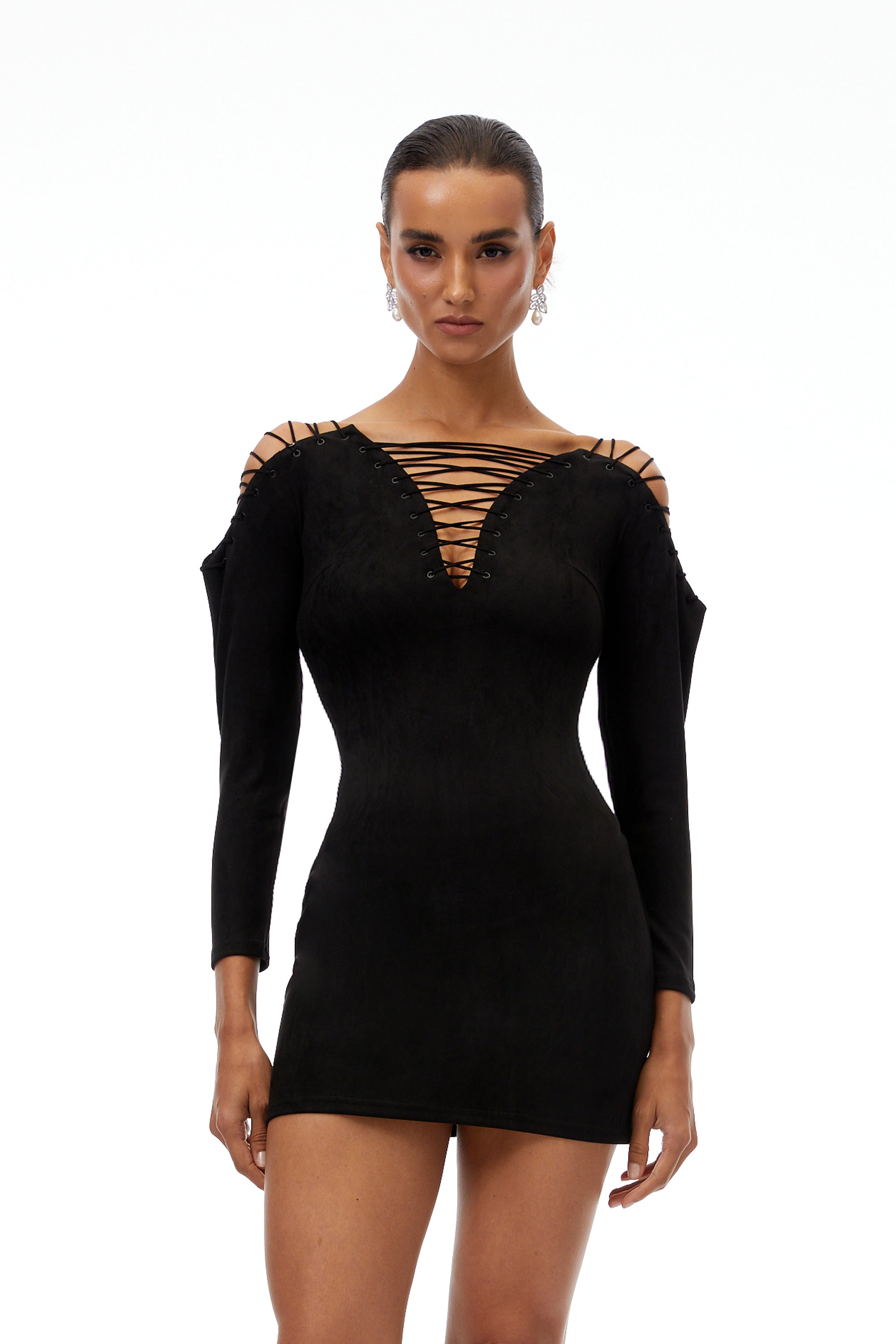 Quitterie Black Lace-Up Suede Mini Dress (Final Sale)