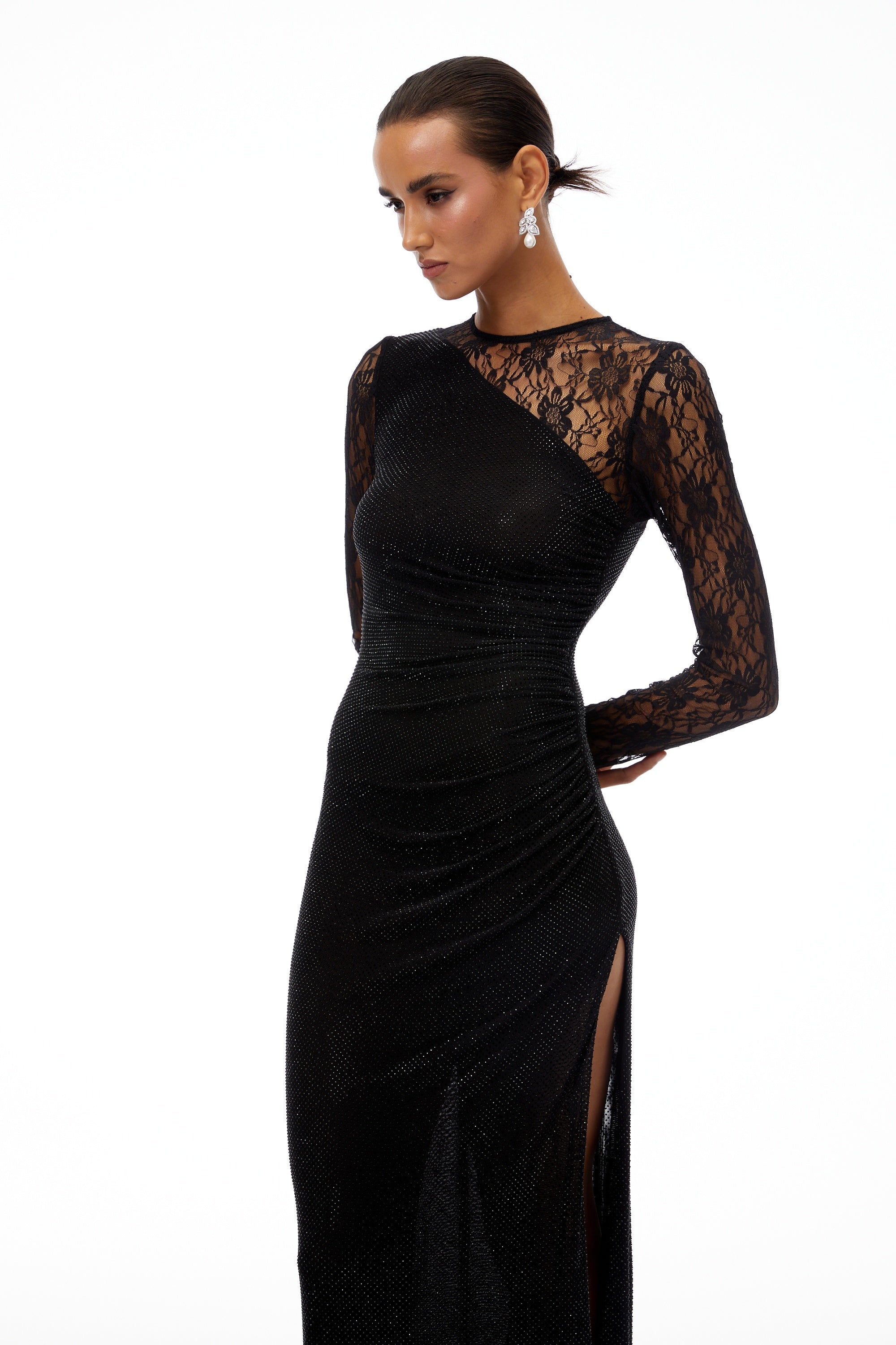 Rocío Black Lace Panel Rhinestone Maxi Dress