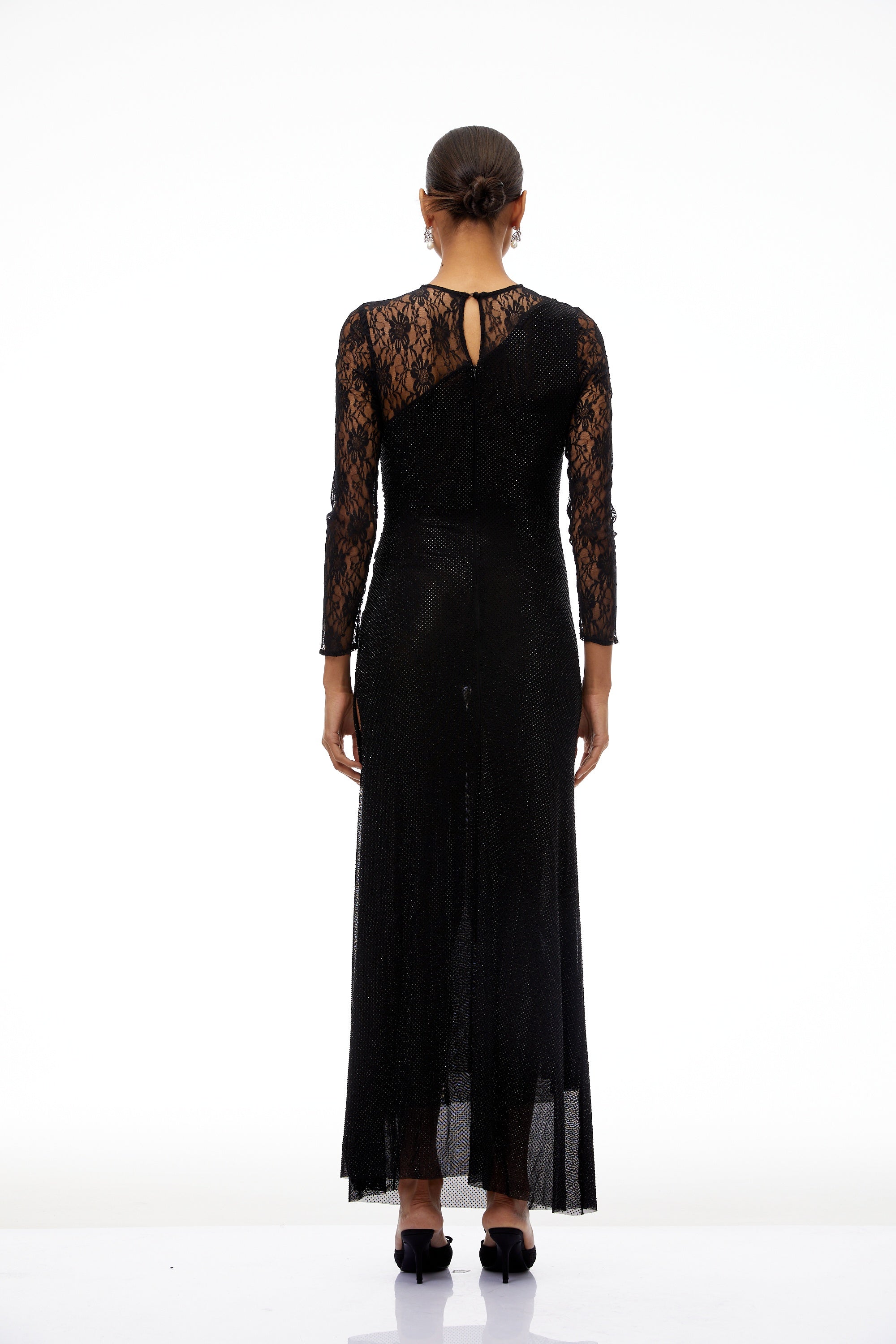 Rocío Black Lace Panel Rhinestone Maxi Dress