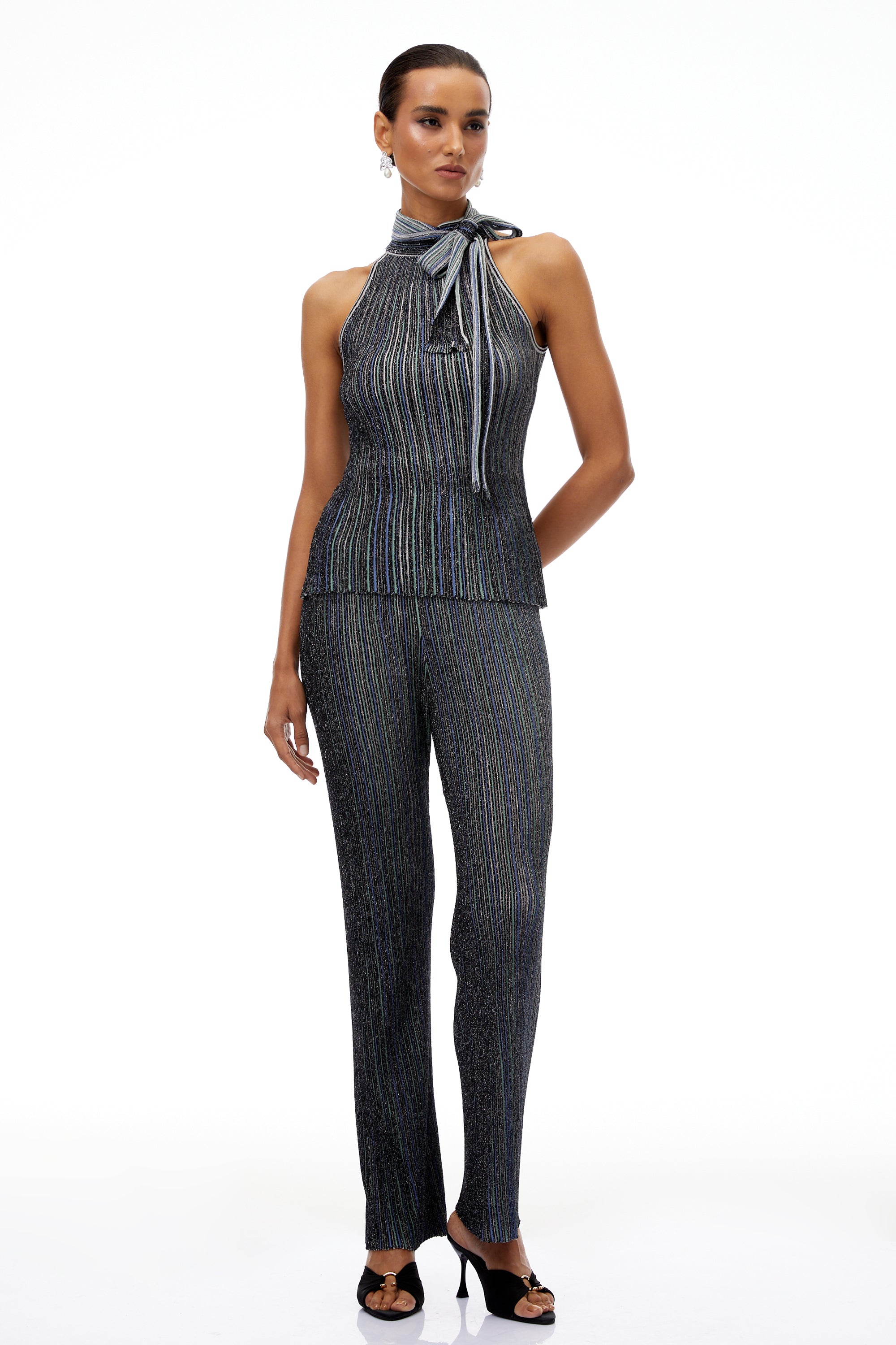 Szabina Grey Striped Knit Top & Trousers Set