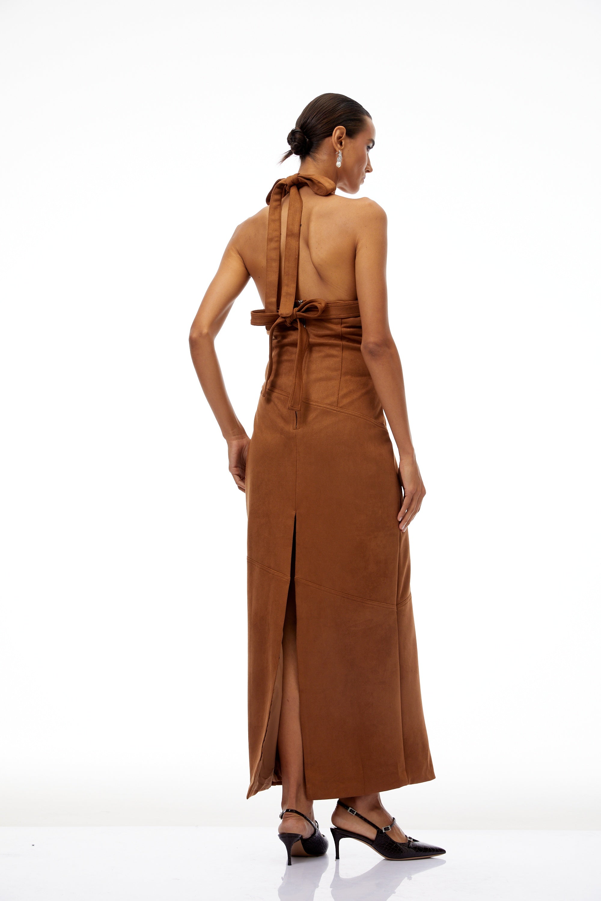 Florence Brown Halterneck Suede Maxi Dress