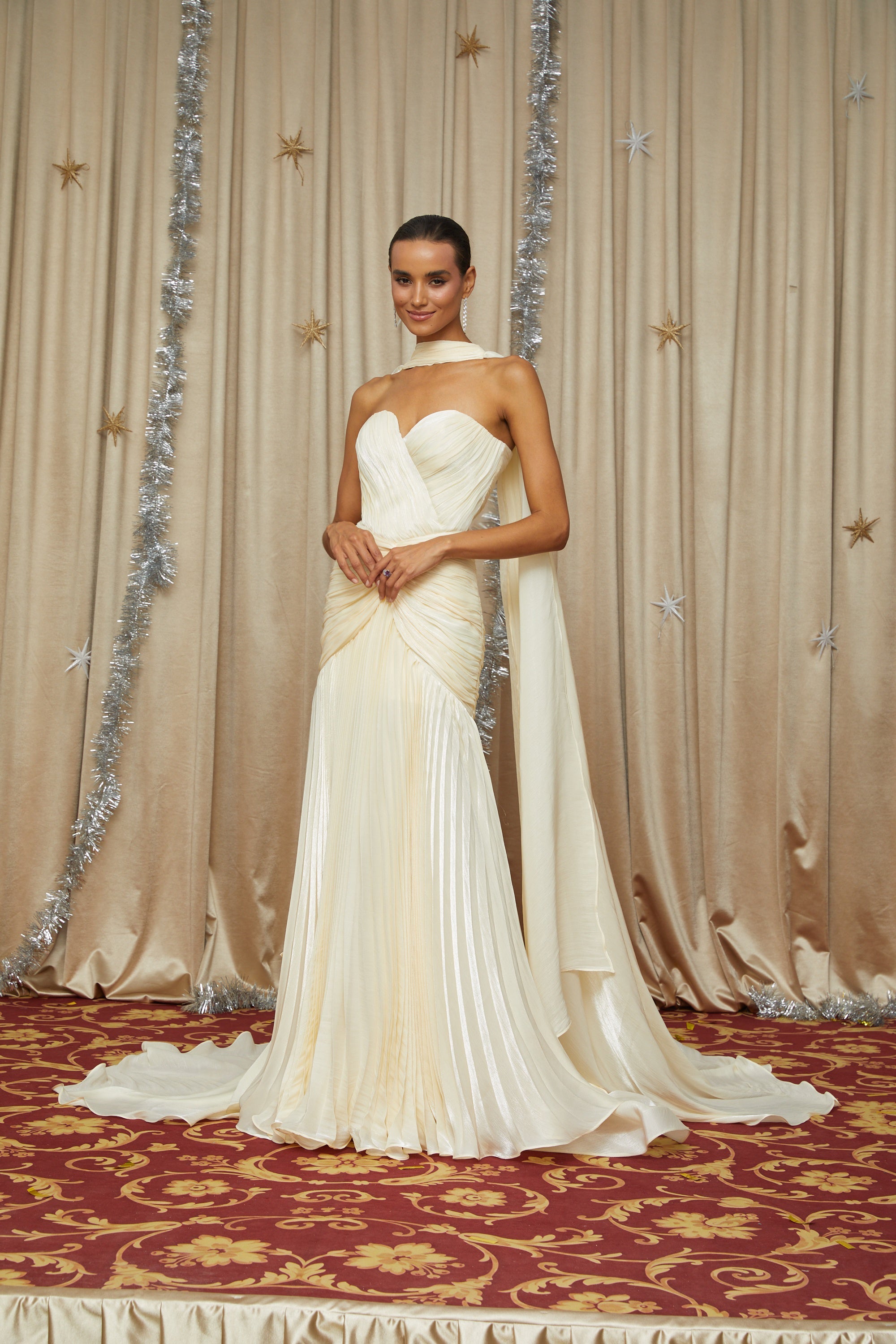 Roxane Yellow Cinched Waist Ruched Maxi Dress