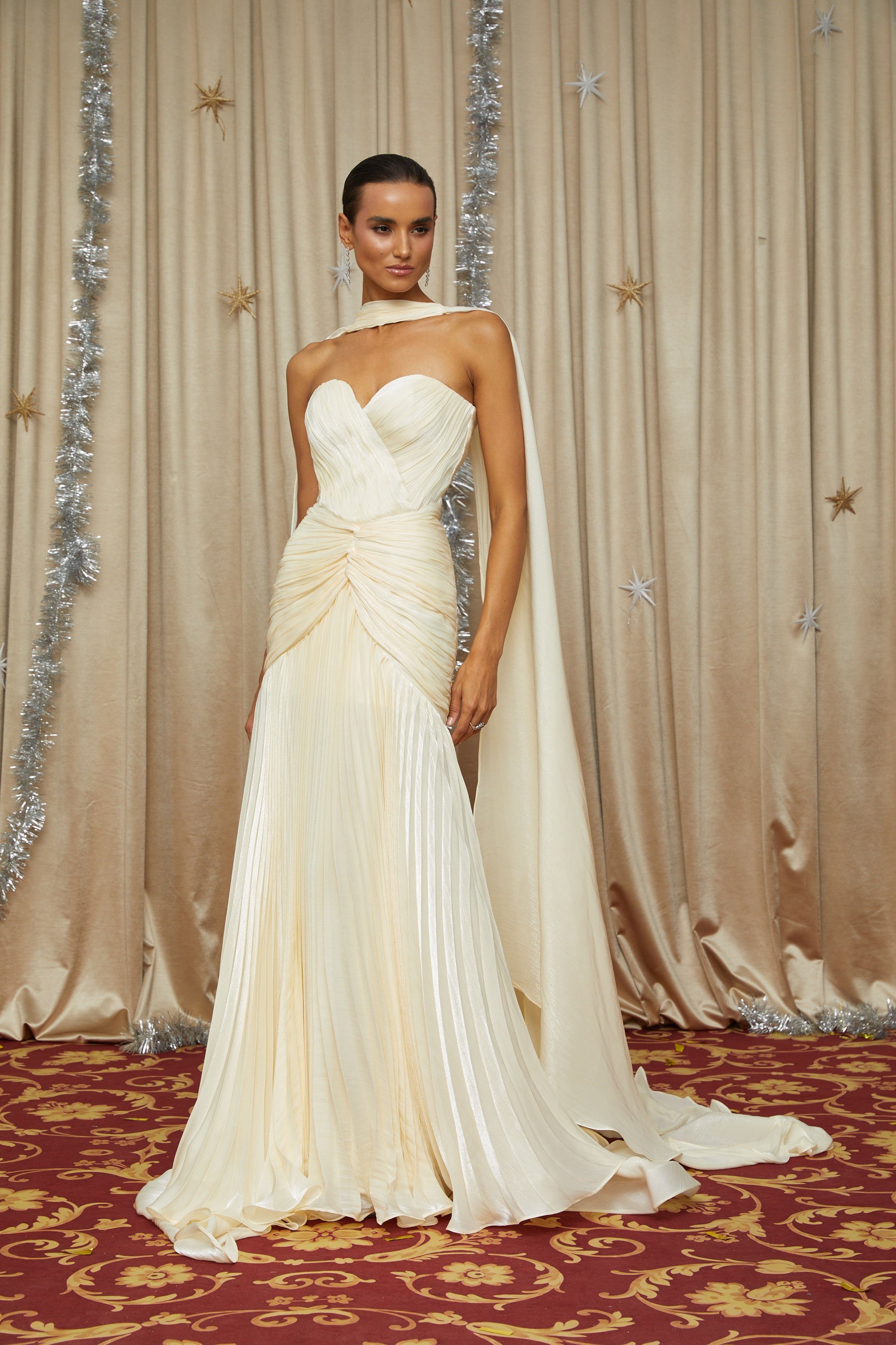 Roxane Yellow Cinched Waist Ruched Maxi Dress