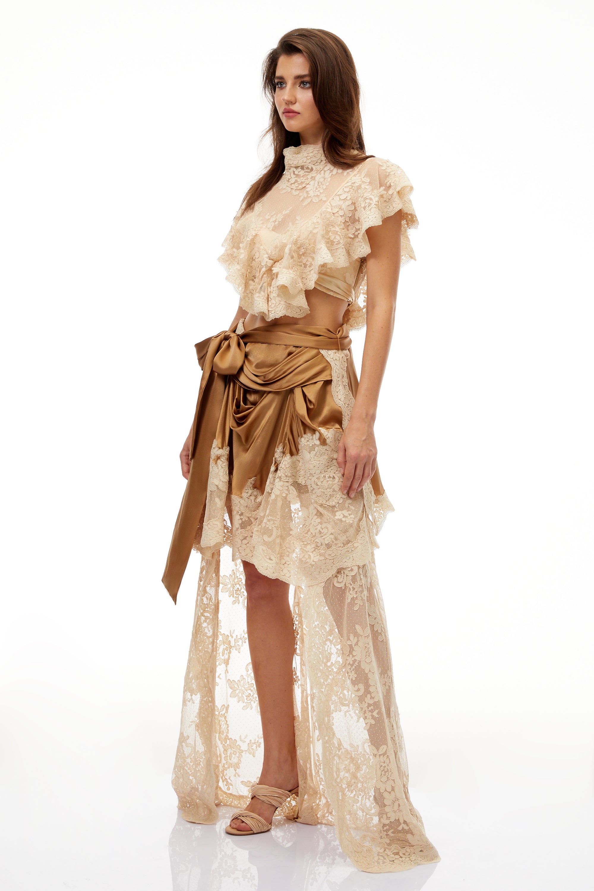 Pascale Neutral Asymmetrical Satin Panel Lace Skirt