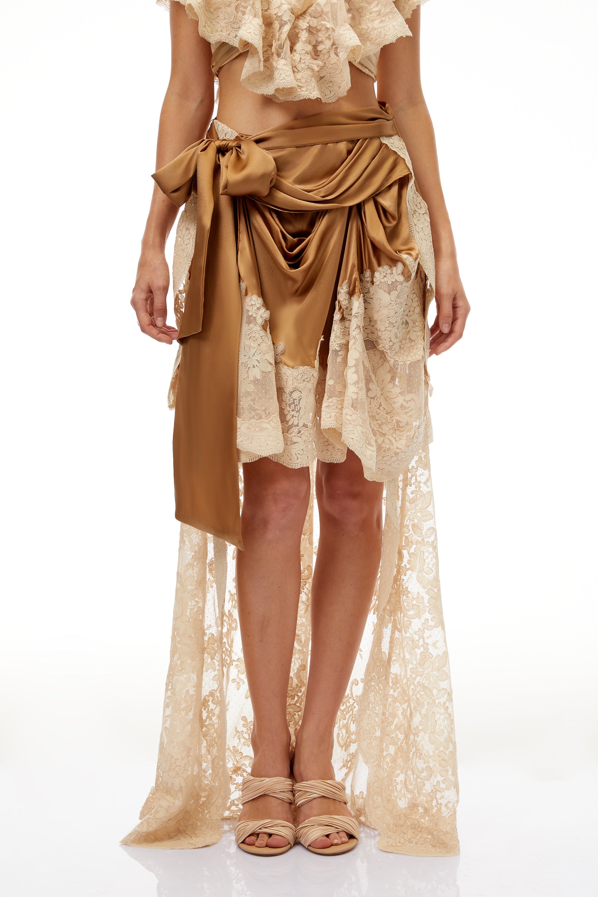Pascale Neutral Asymmetrical Satin Panel Lace Skirt