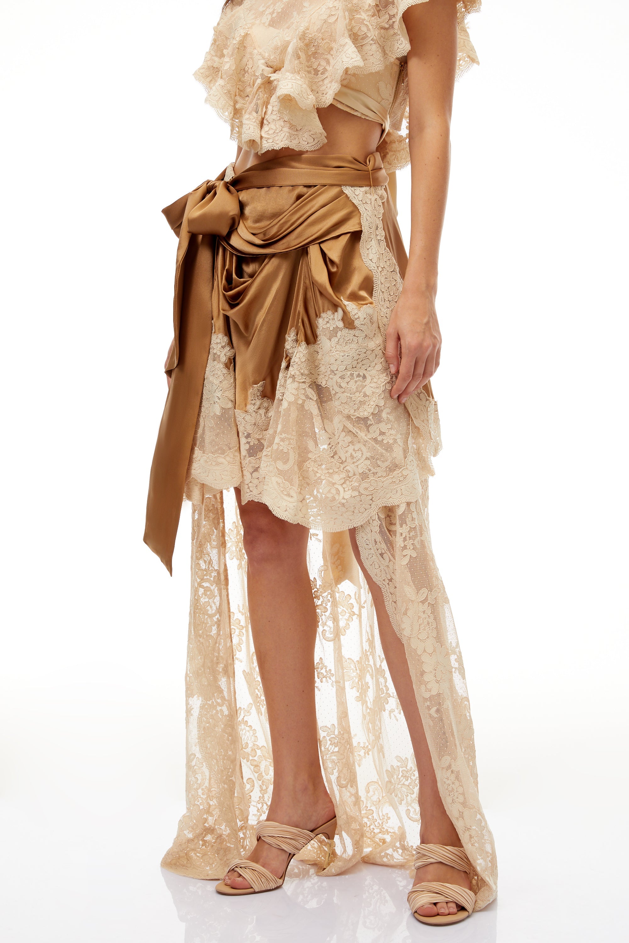 Pascale Neutral Asymmetrical Satin Panel Lace Skirt