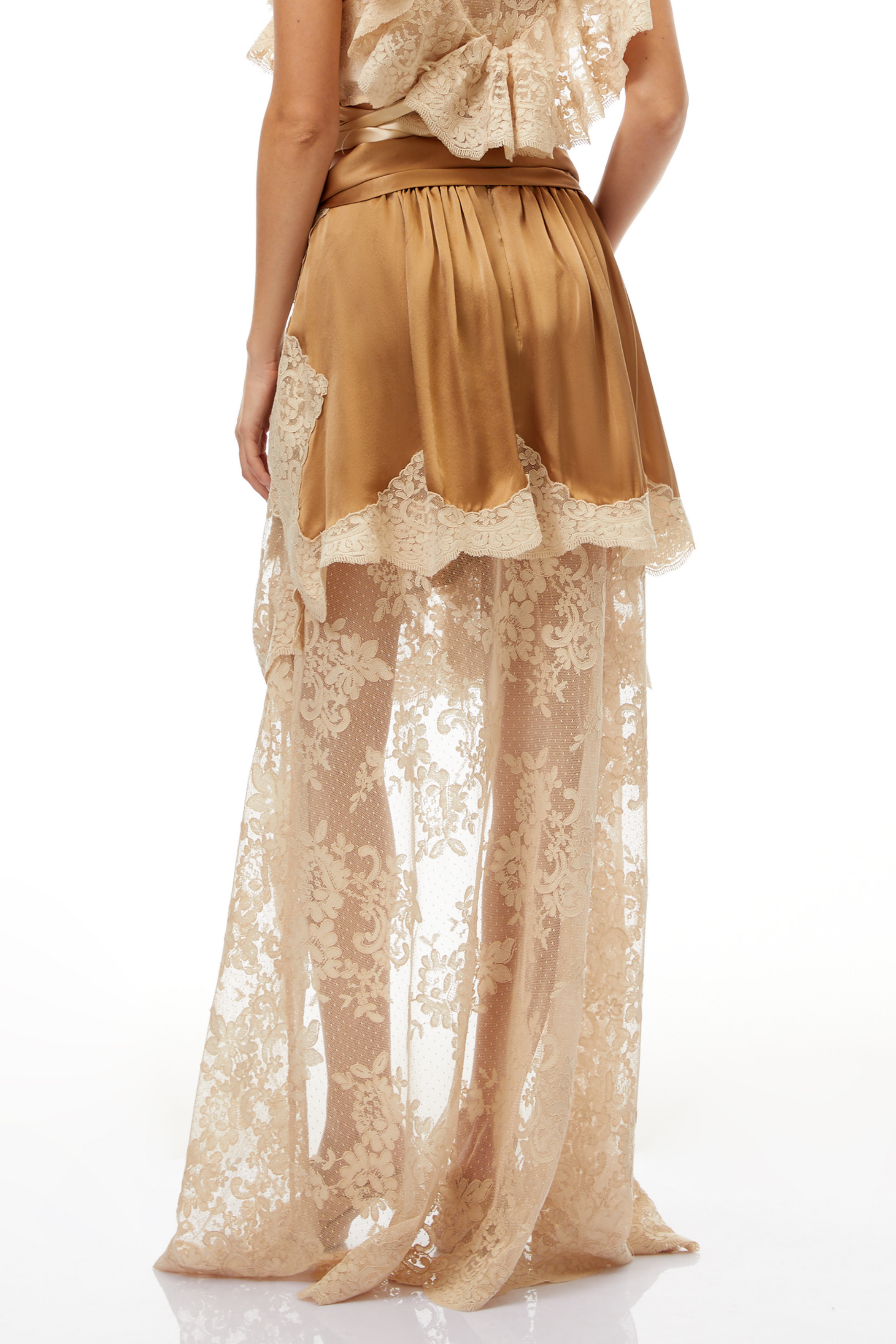 Pascale Neutral Asymmetrical Satin Panel Lace Skirt