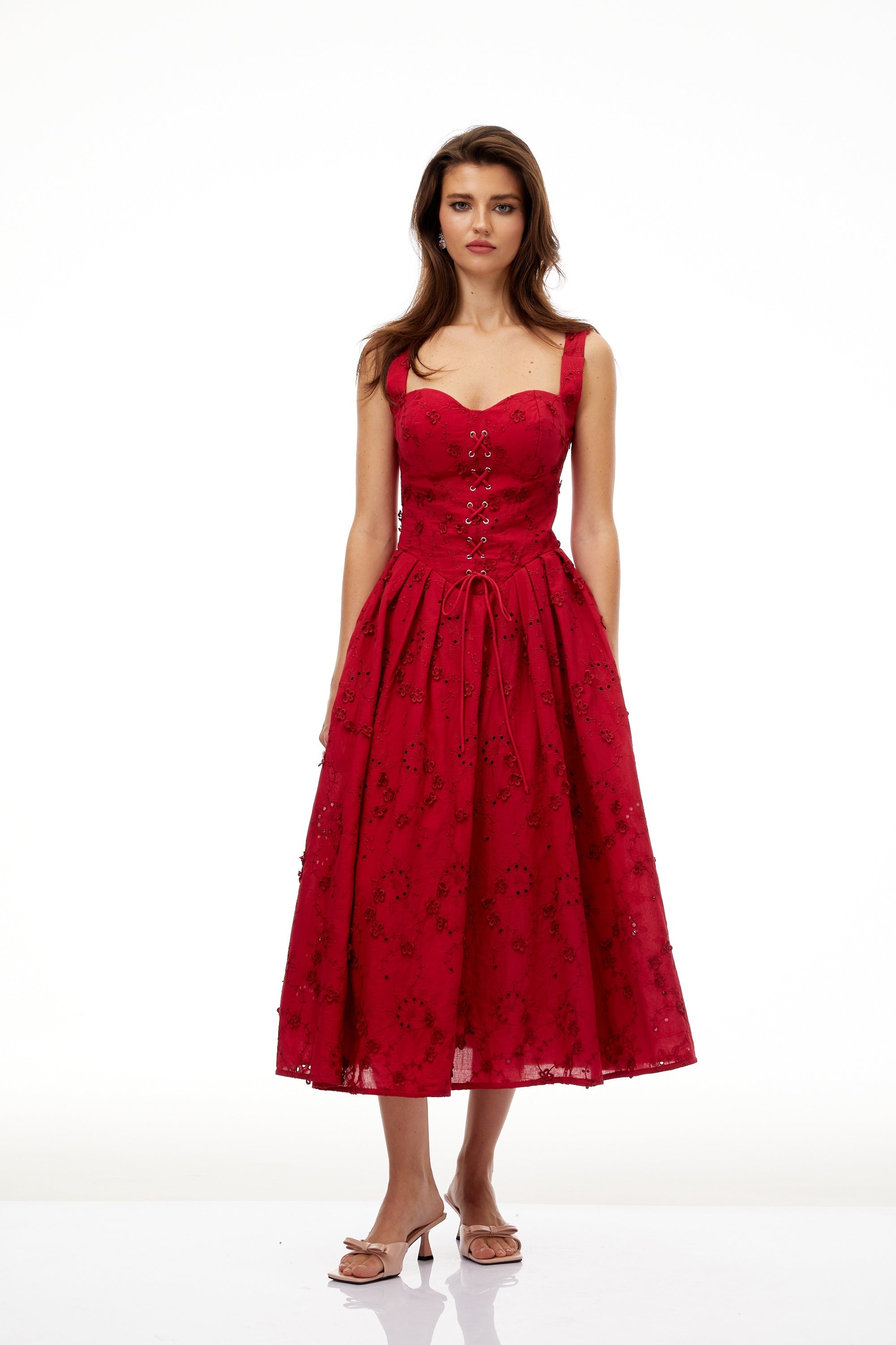 Panna Red Floral Embroidered Corset Midi Dress
