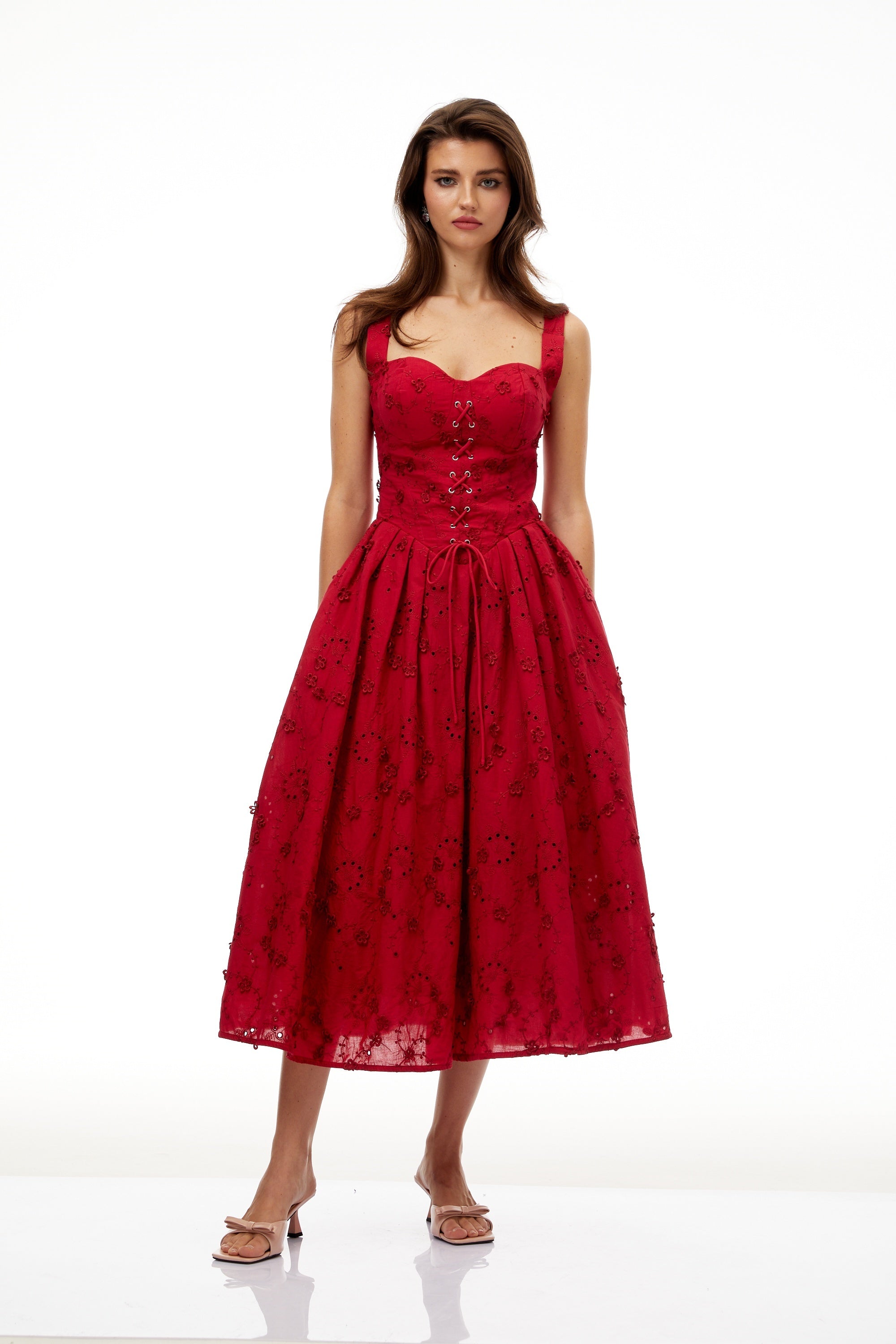 Panna Red Floral Embroidered Corset Midi Dress