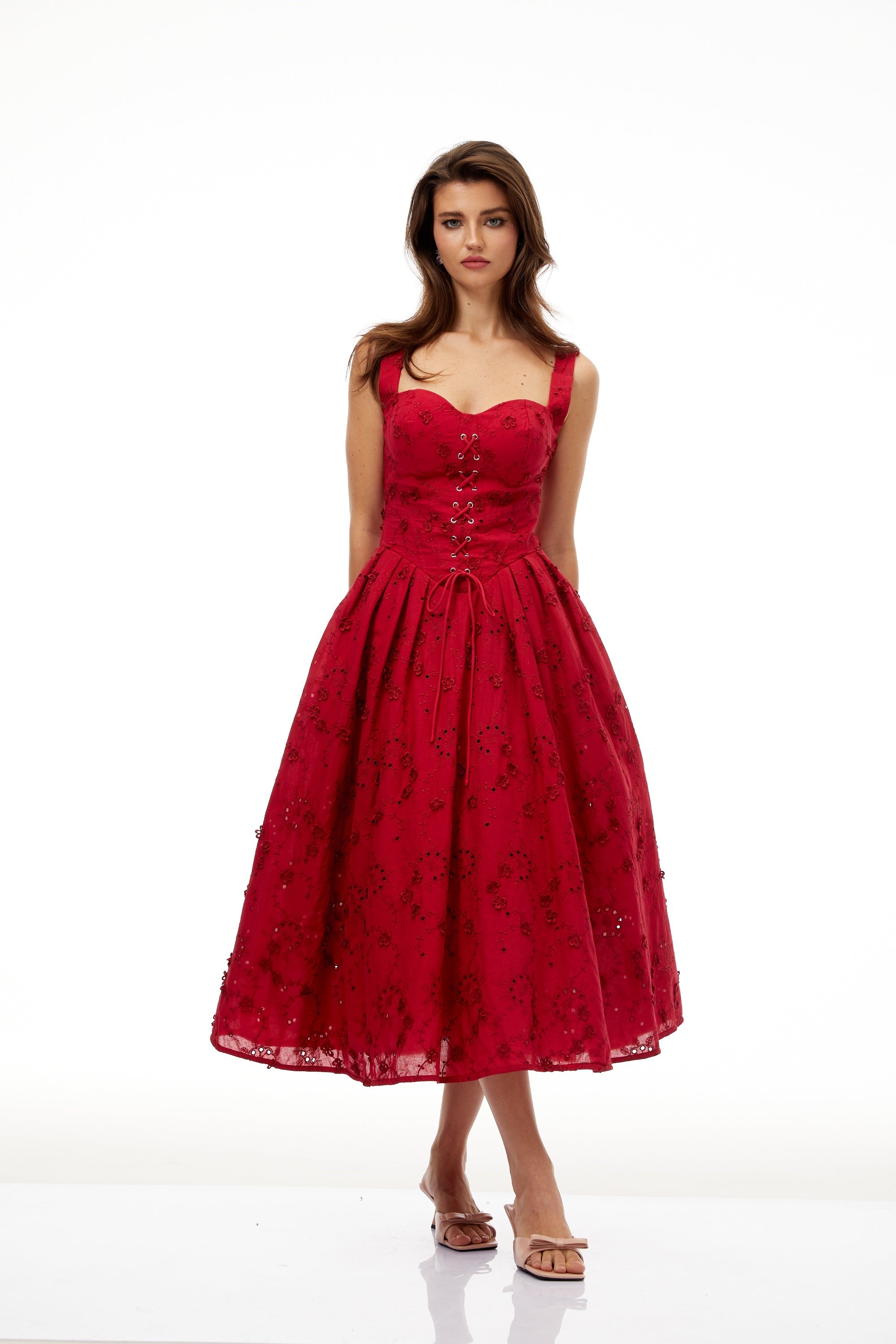 Panna Red Floral Embroidered Corset Midi Dress
