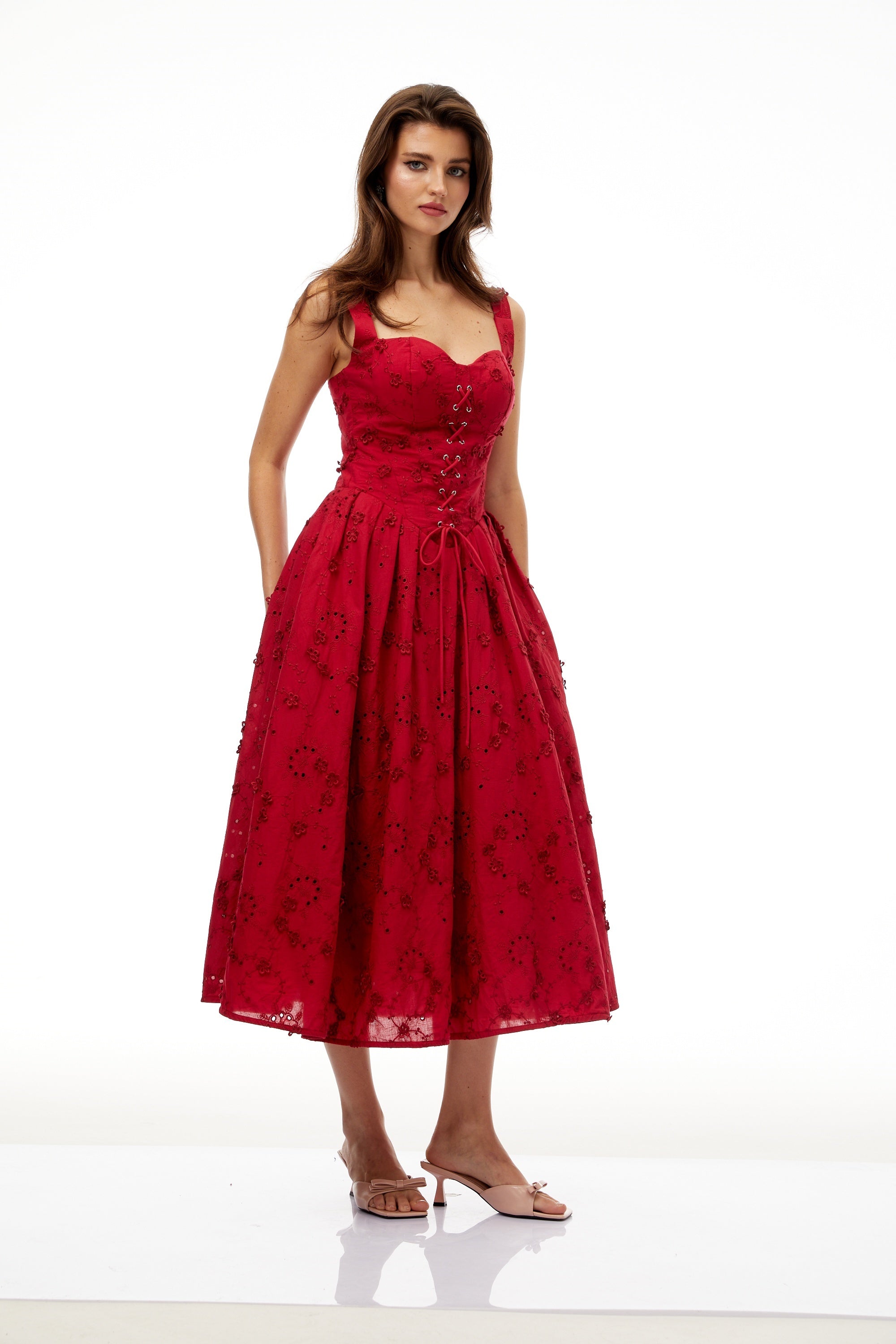 Panna Red Floral Embroidered Corset Midi Dress