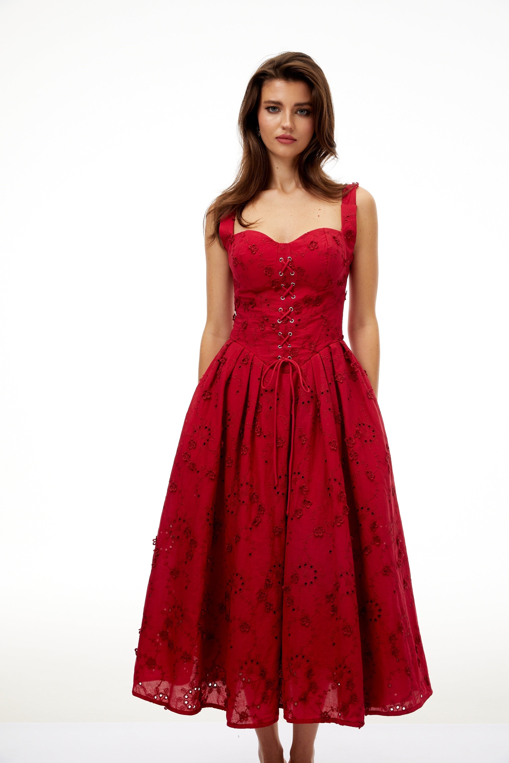 Panna Red Floral Embroidered Corset Midi Dress