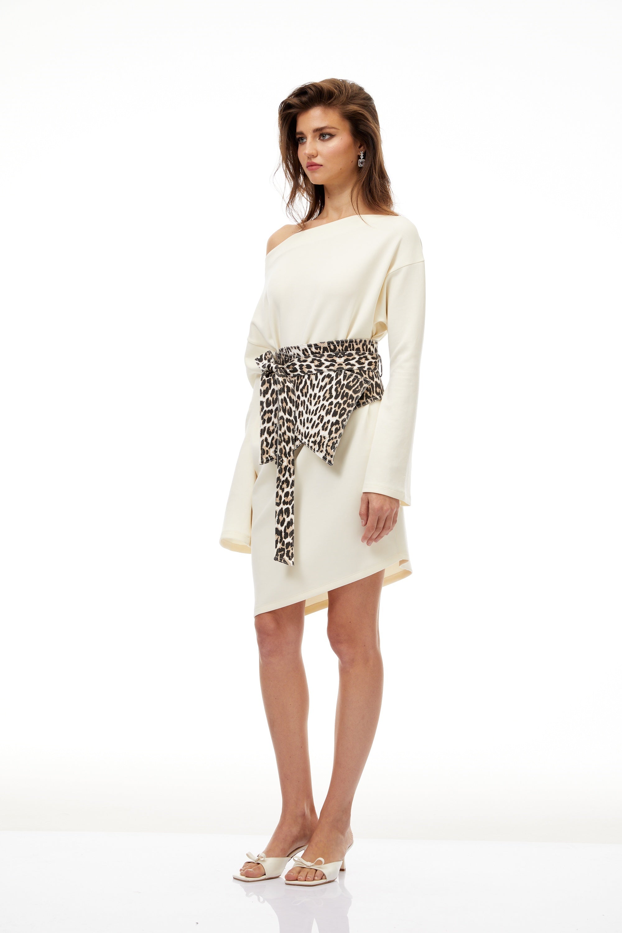 Gerta White Leopard Waistband Asymmetrical Mini Dress