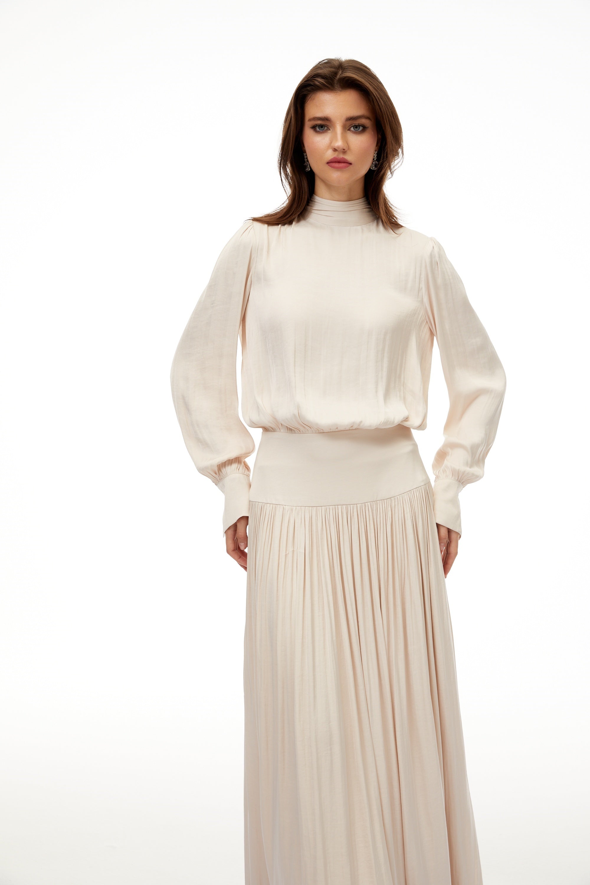 Valérie Neutral Self-Tie Pleated Maxi Dress (Final Sale-US Only)