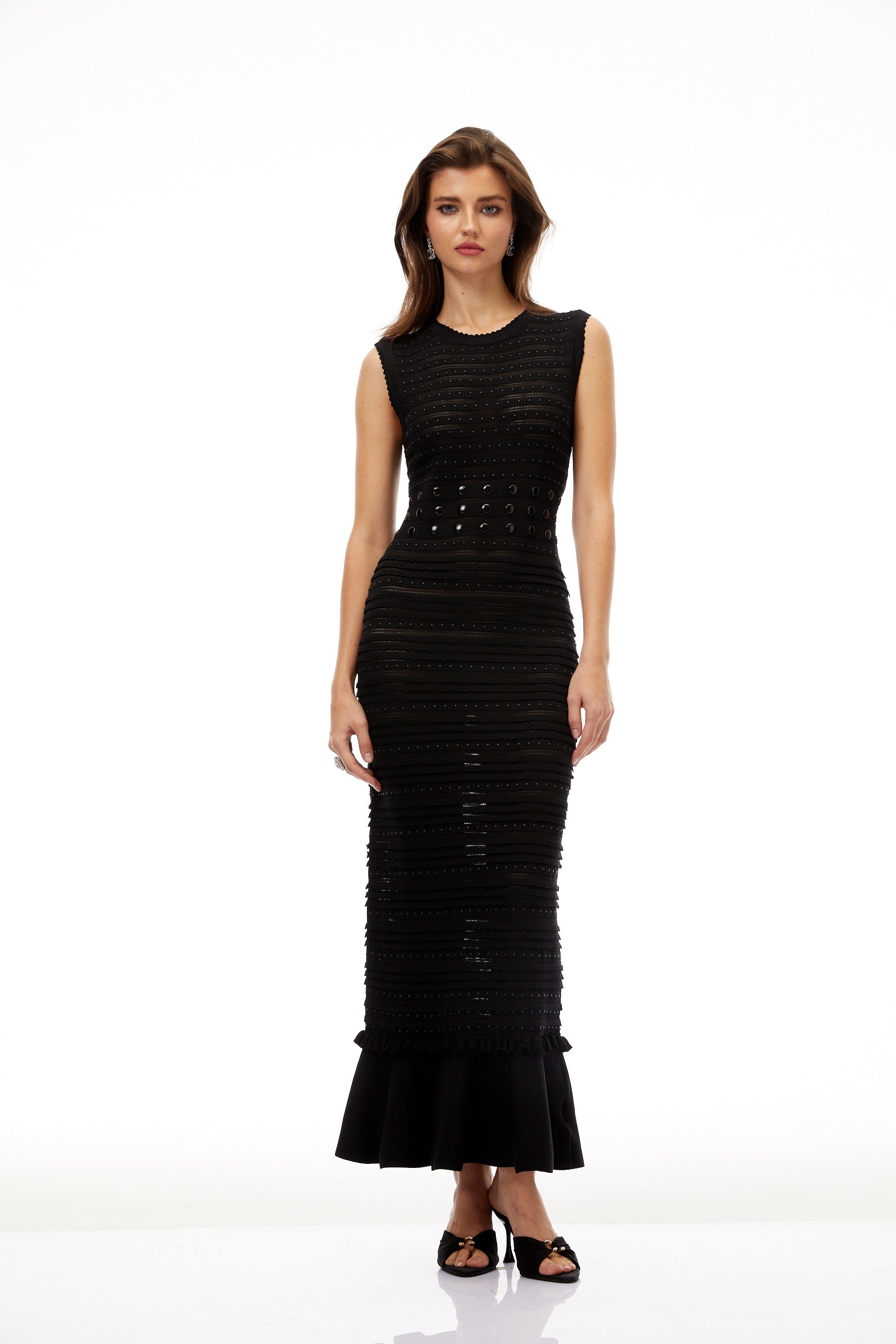 Delphine Black Beaded Textured Knit Maxi Dress