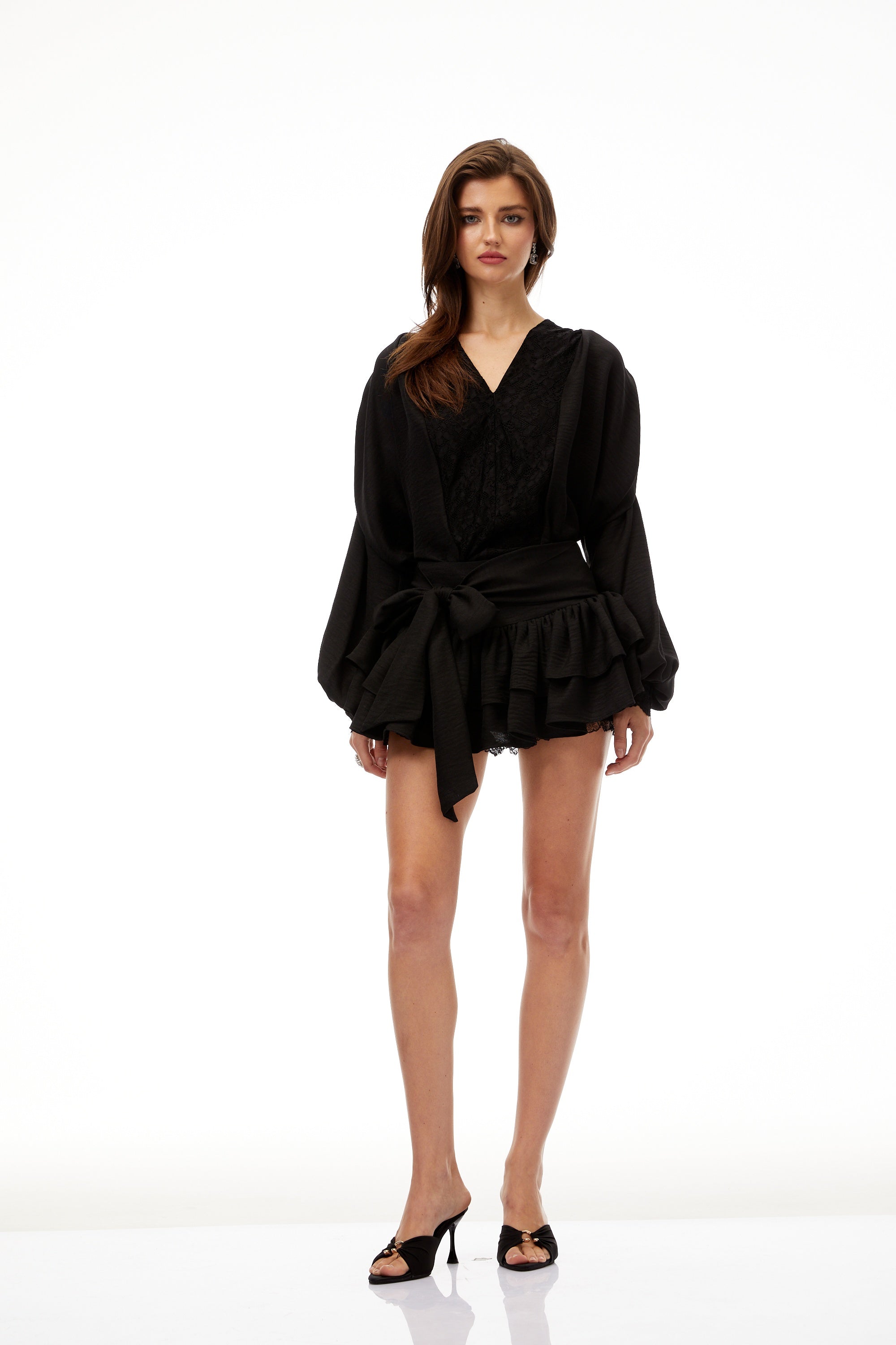 Victoire Black Lace Panel Blouse & Skirt Set