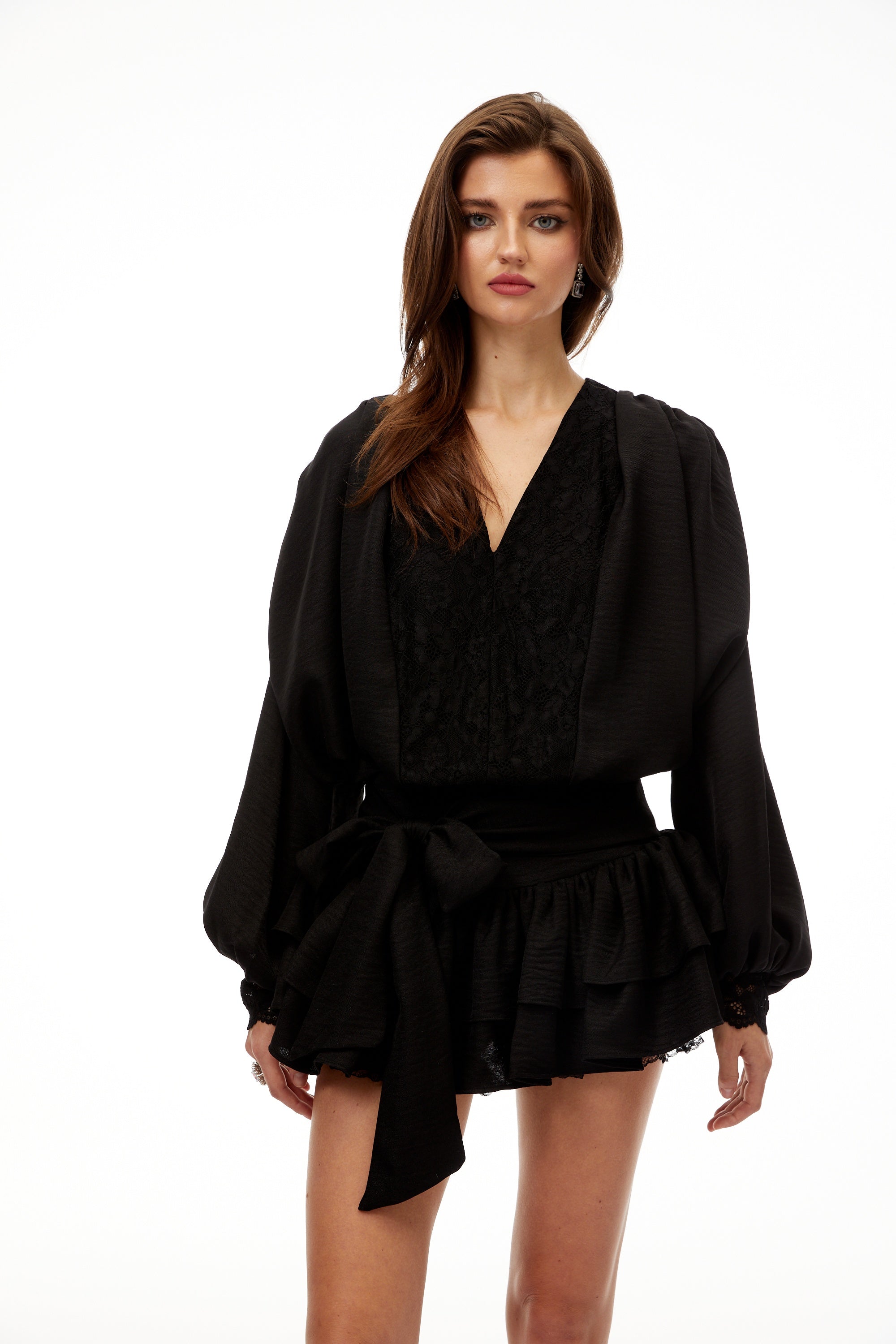 Victoire Black Lace Panel Blouse & Skirt Set