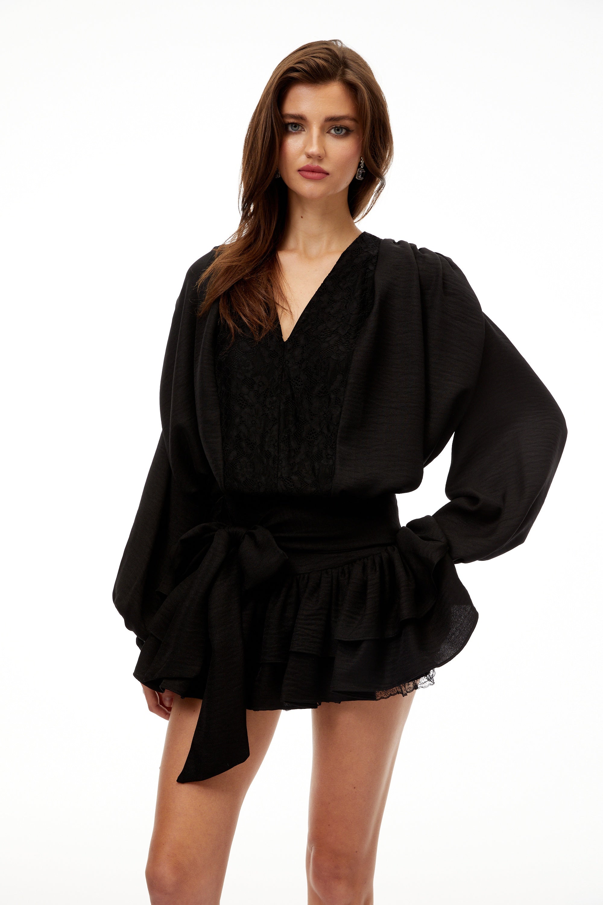 Victoire Black Lace Panel Blouse & Skirt Set