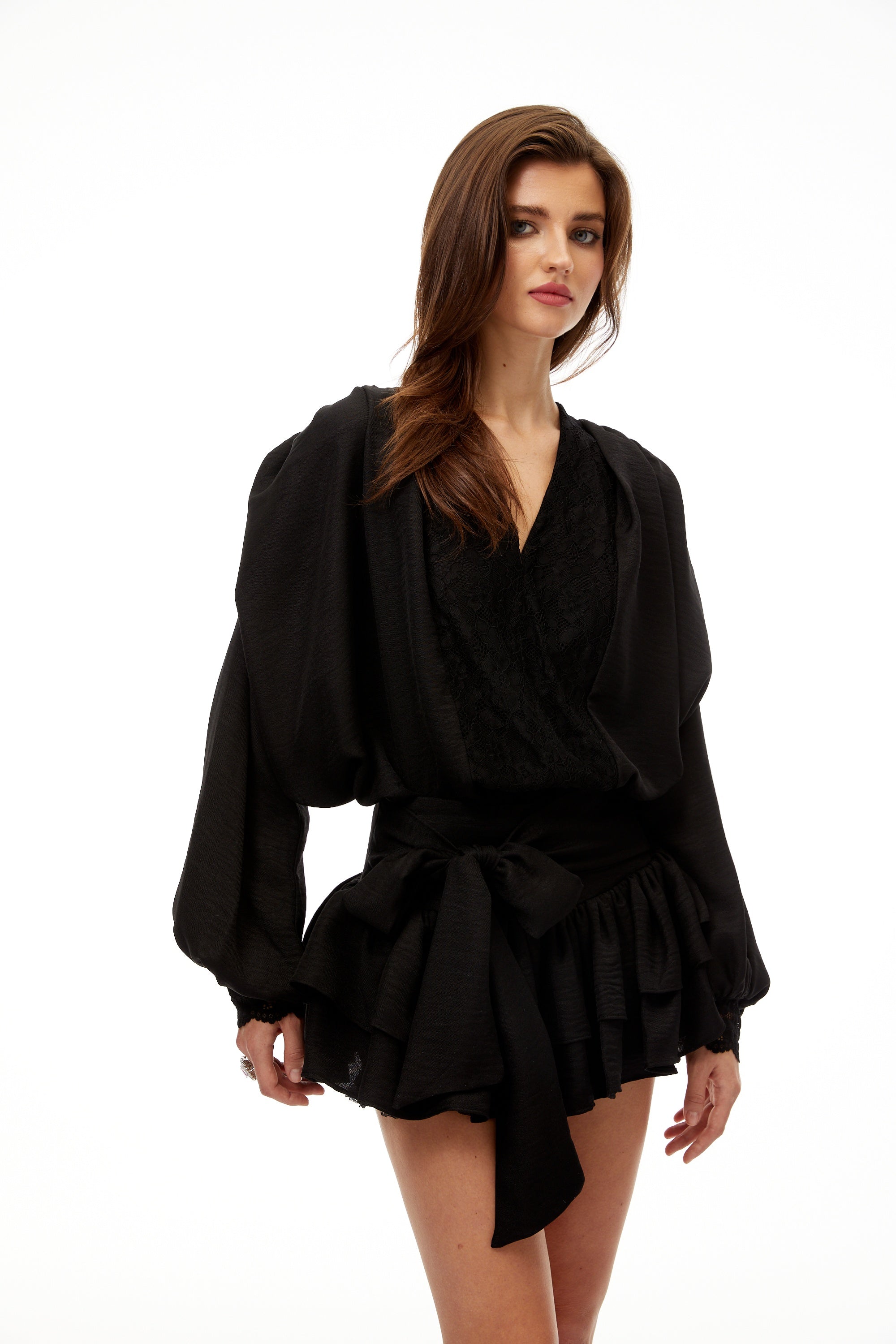 Victoire Black Lace Panel Blouse & Skirt Set