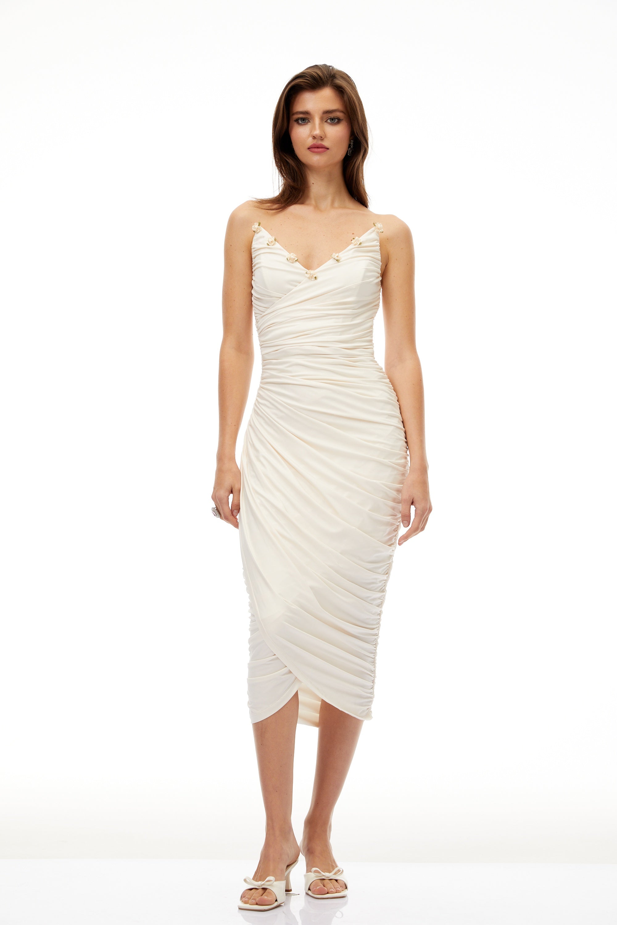 Geneviève White Floral Gathered Midi Bodycon Dress (Final Sale-US Only)