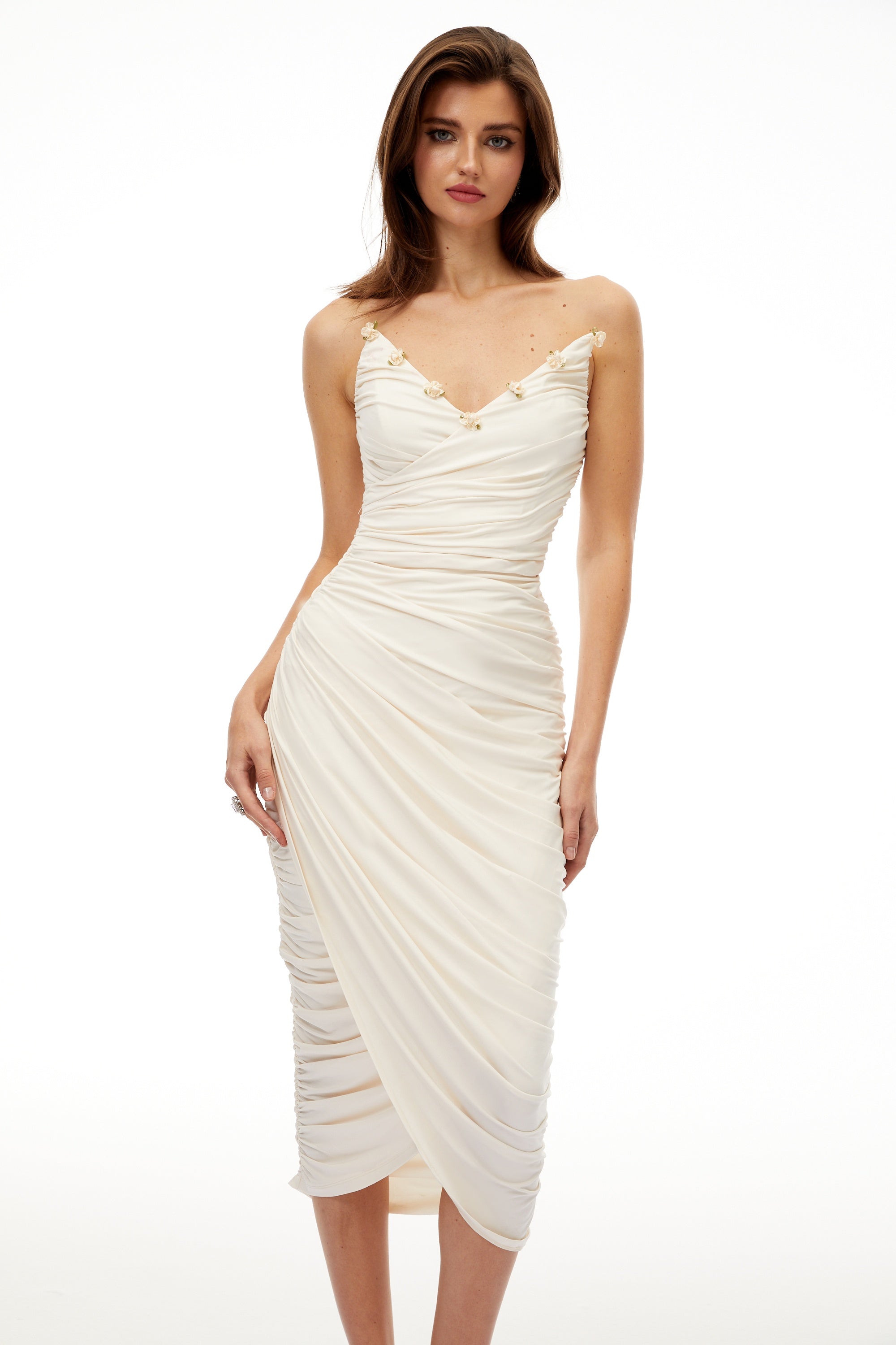 Geneviève White Floral Gathered Midi Bodycon Dress (Final Sale-US Only)