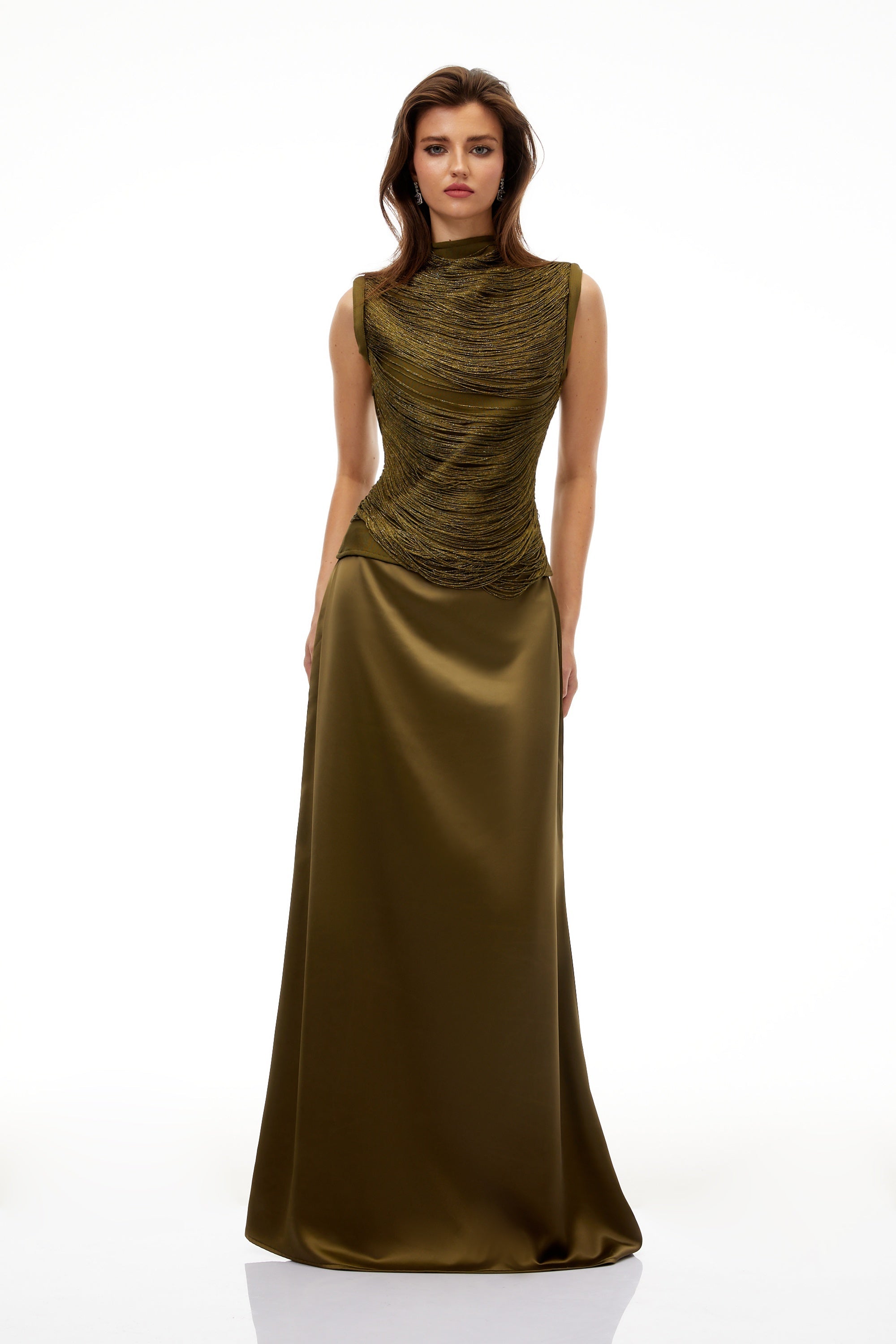 Borbála Green Fringed Top & Satin Skirt Set