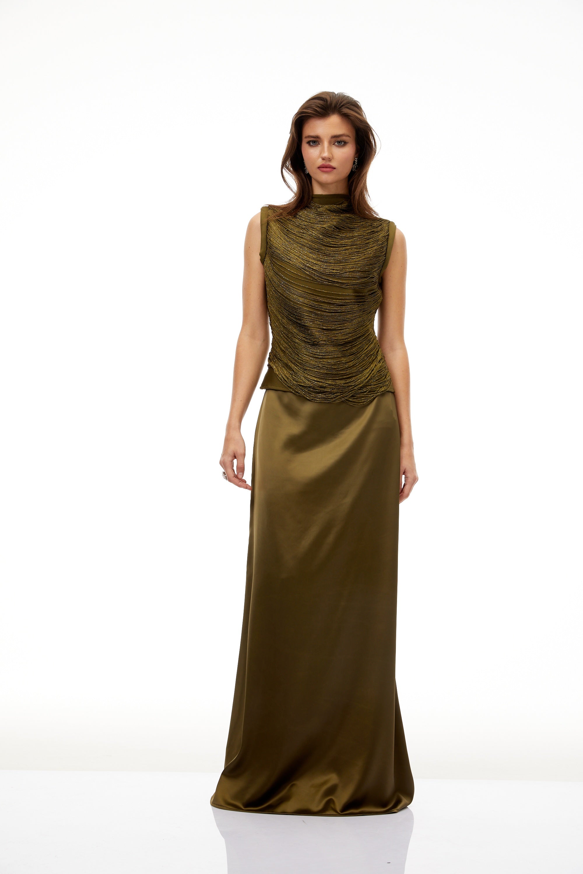 Borbála Green Fringed Top & Satin Skirt Set