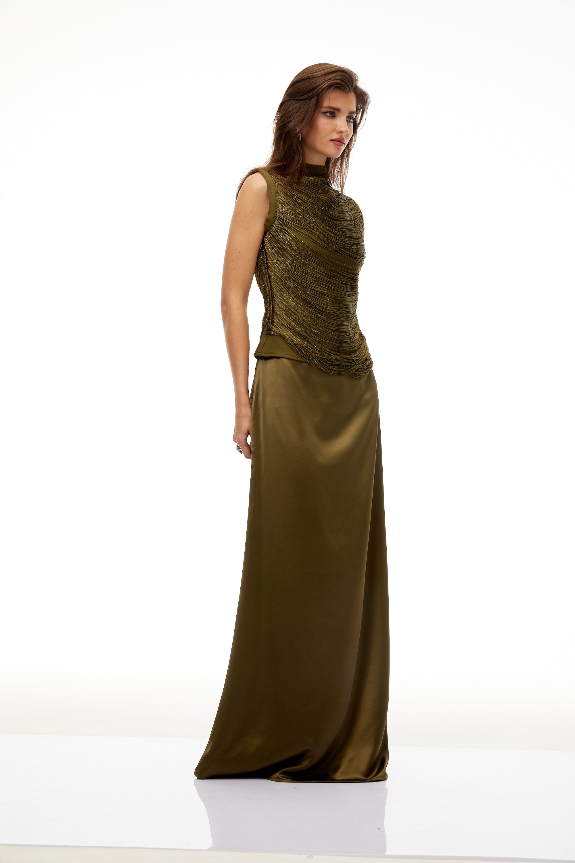 Borbála Green Fringed Top & Satin Skirt Set (Final Sale-US Only)