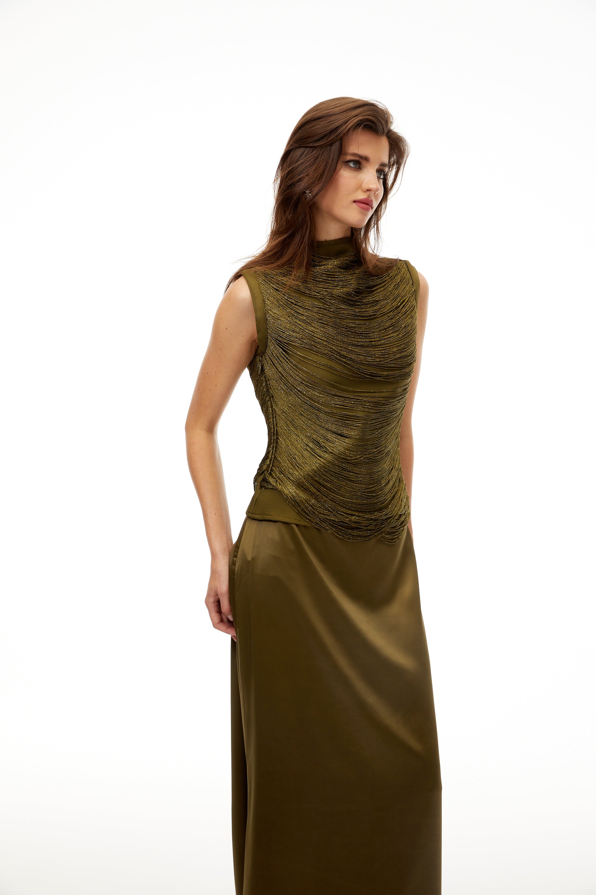 Borbála Green Fringed Top & Satin Skirt Set