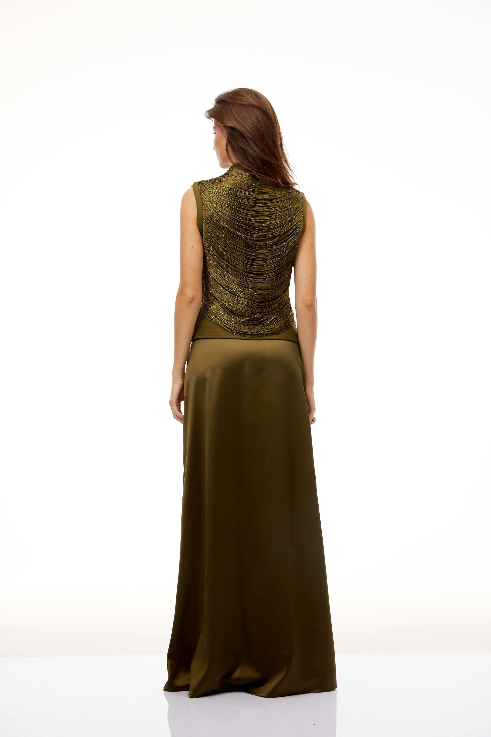 Borbála Green Fringed Top & Satin Skirt Set (Final Sale-US Only)