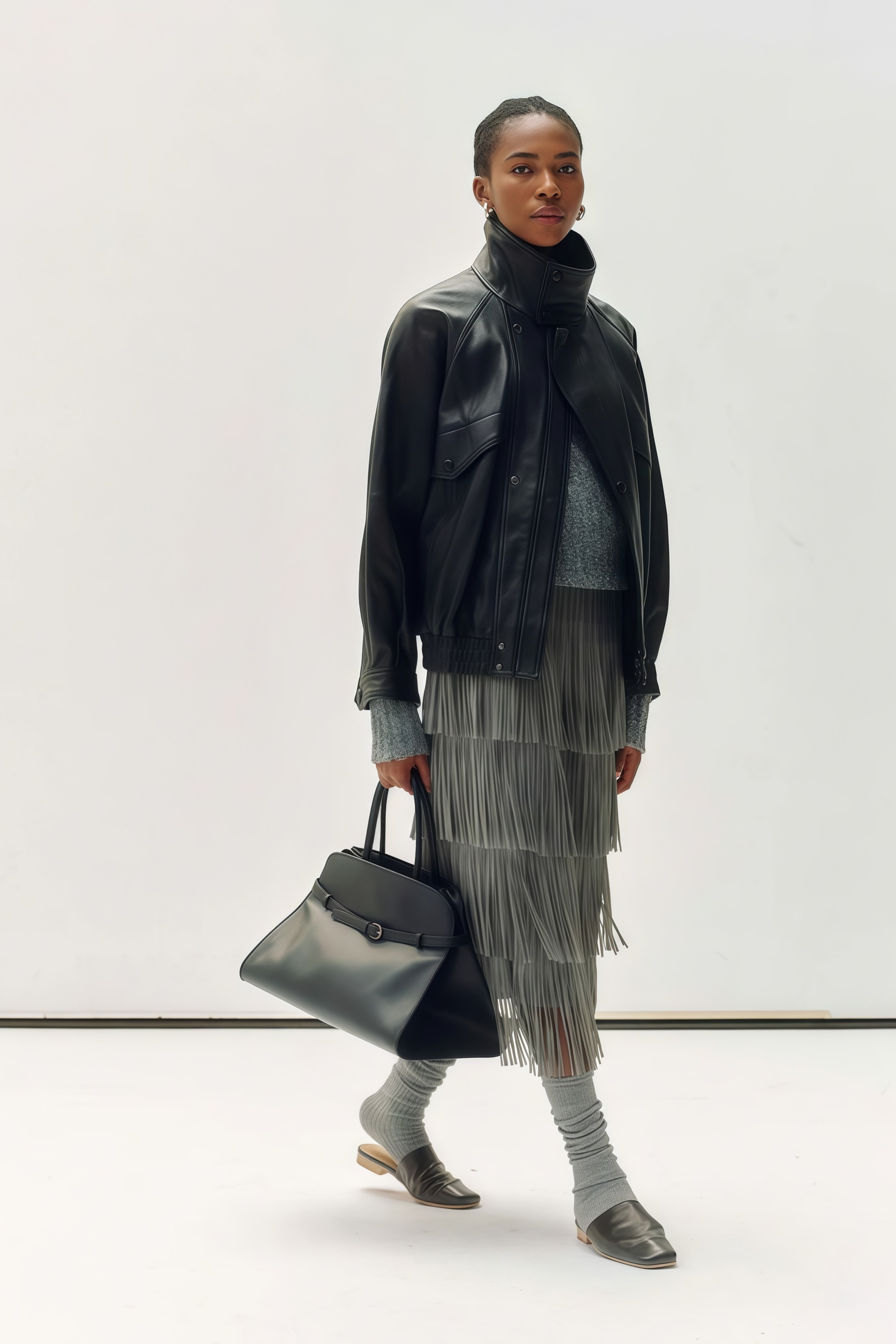 Fawn Black Stand Collar Leather Jacket